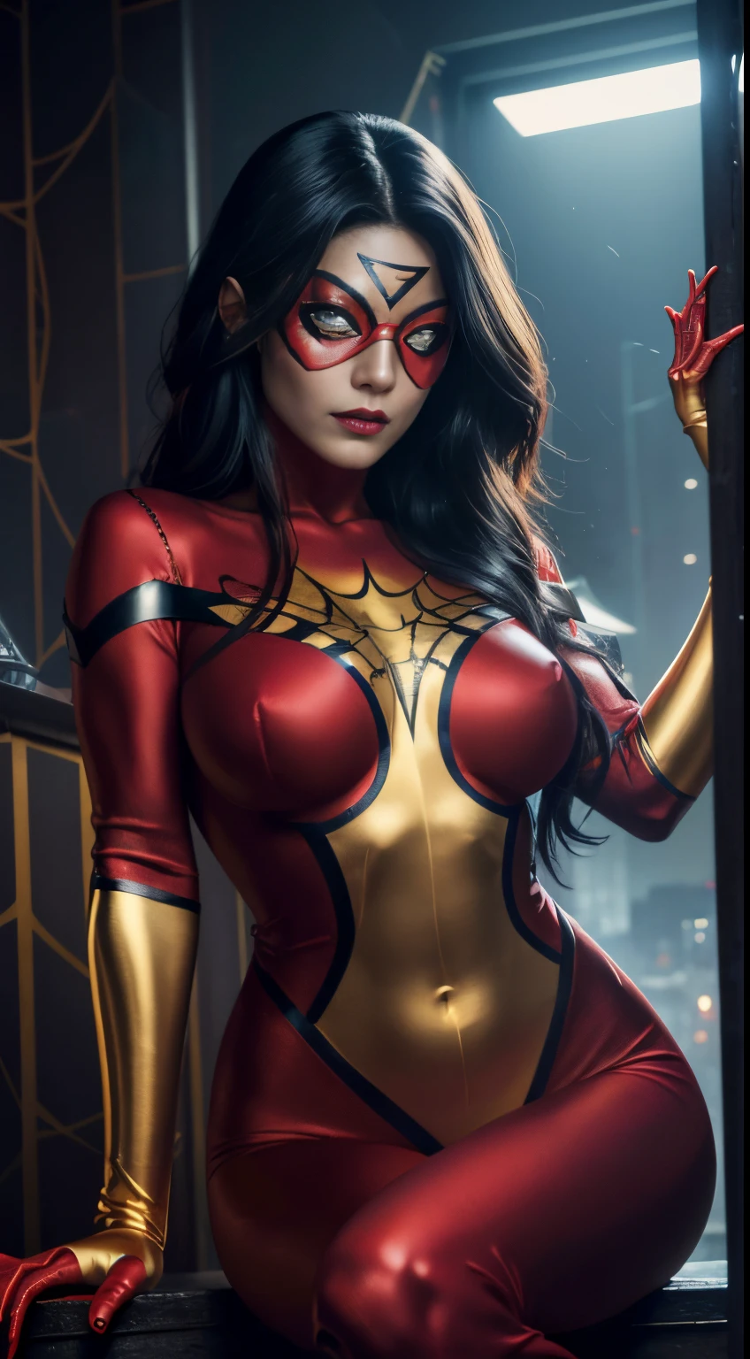 (best quality,ultra-detalhado,Realistic:1.37),retrato,Mulher Aranha,sexy red lips,Detailed eye expression,(Red spider woman mask),,Balanced Dynamic Posture,corpo de comprimento total,yellow iris,jovem,olhar feroz,movimento gracioso,postura elegante,Spider Themed Outfit,fundo da teia de aranha,vivid colors,foco nítido,beautiful lighting,cabelo soprando ao vento,dramatic atmosphere,High-resolution domain.yellow eye iris,Red spider woman mask,Cara alegre,Dynamic seated pose in the building ,figura de corpo inteiro,chrome gold pattern details on