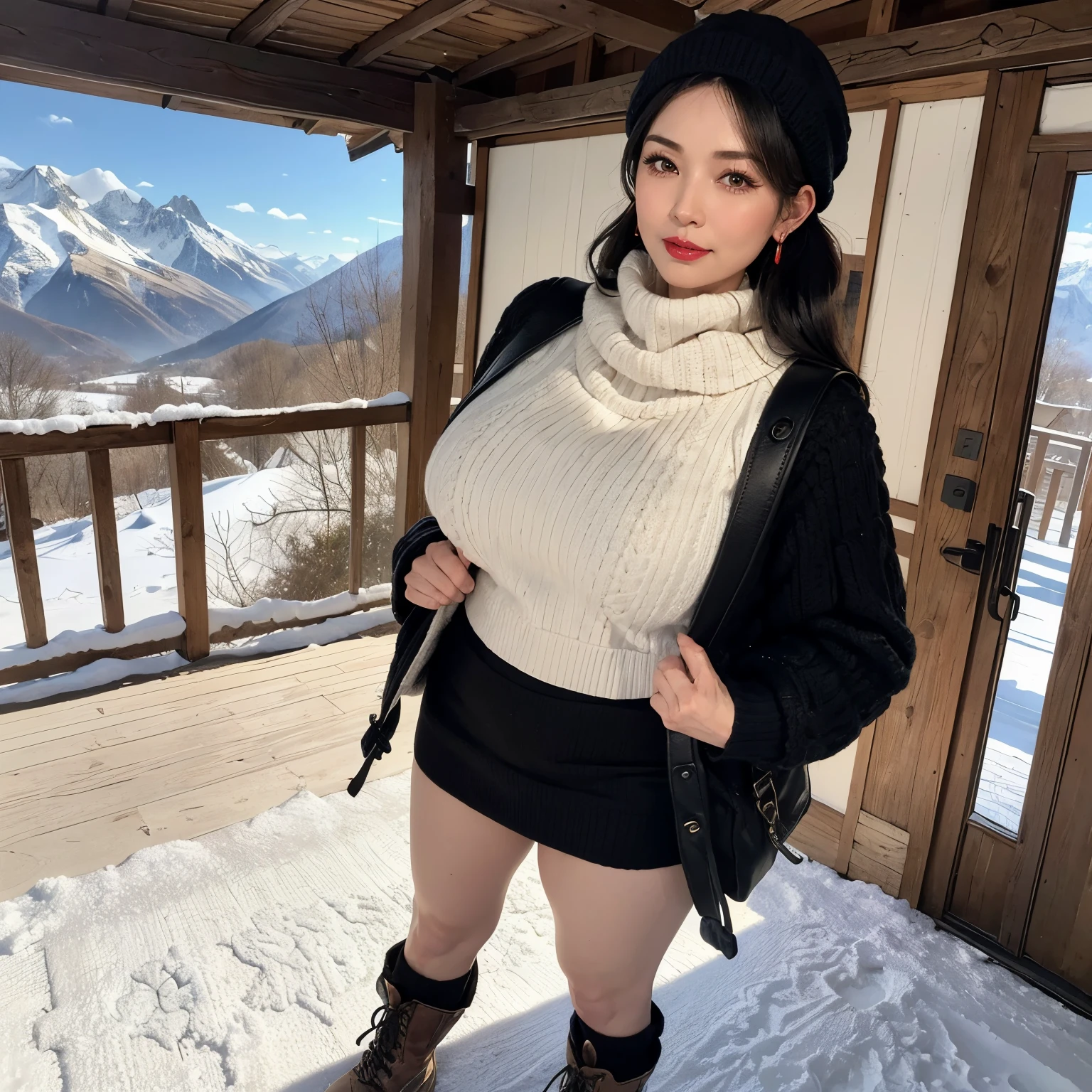 (masterpiece:1.1, Best Quality:1.1, 16K HDR, High resolution), (1girl in, 1 old man in), (Ultra-beautiful mature Japanese female, older, milf), (Black hair, knit cap), (turtle neck sweater, sleeveless, ultra mini skirt, sexy black pantyhose, snow boots), neckless, earrings, gigantic cleavage, Colossal tits, Huge boobs, huge-breasted, ((sitting, open legs, flashing tits and nipples, inside realistic snow cave, snow mountain, blizzard weather)), (Perfect slim body:1.1), hyper detailed face, Detailed eyes, Realistic skin texture,