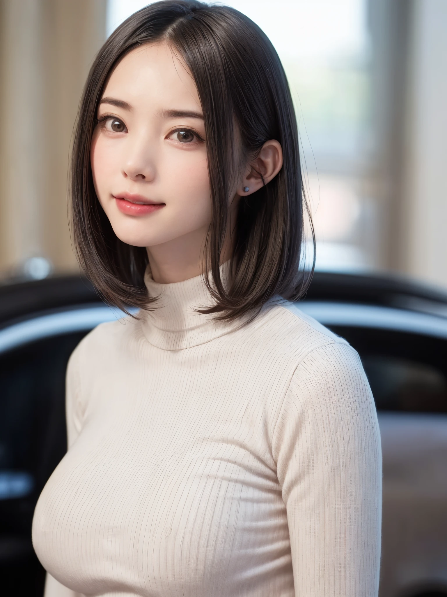 (masutepiece, top-quality、high-detail:1.4、Very attractive beauty、Add intense highlights to the eyes、Look firmly at the camera:1.4、A beautiful woman full of charm、Ideal ratio body proportions、Perfect Anatomy、Brunette Short Bob Hair、Lustrous hair、bangss:1.4、shiny bangs:1.4、lipgloss),1girl in, report, Light brown shiny hair, muffler,realisitic, looking at the viewers、Tilt your head slightly, Bright colored crystal light blue eyes, short shiny hair、 White turtleneck outfit with a hole in the center of the chest,Sexy white turtleneck knit sweater with a round hole in the middle of the chest、 s lips, lipgloss, The upper part of the body、big eye、Lashes、A little red in the face、Embarrassing)、((italian road in winter))、((short hair with big eyes、Put very strong highlights in your students、{Gigantic|Big|Huge|Mega} breasts:1.4、very Bigger breasts、gazing at viewer、Very beautiful beauty、Put your ears out、long neck、little smiling、Beautiful teeth、Open your mouth and smile、Heart-shaped pupil))、28 year old、Very cute supermodel、