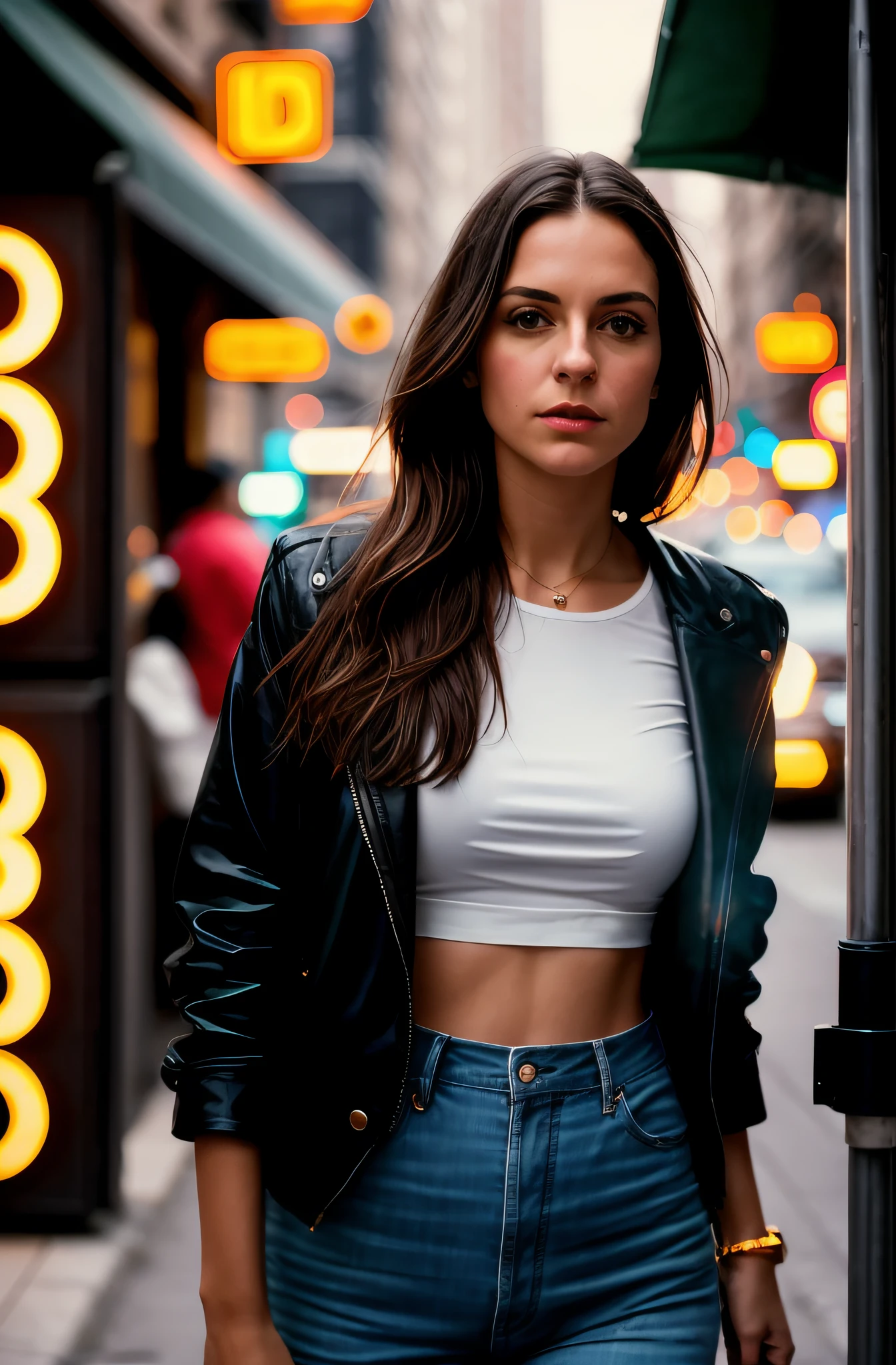 A tenacious female journalist uncovering a high-stakes conspiracy in a bustling metropolis, weaving through crowded streets and dark alleyways, close up, Detailed clothes, green eyes, flowing hair, determined expression, shiny glossy skin, subsurface scattering, (sharp:0.7), [(colorful explosion psychedelic paint colors:1.21)::0.05], amazing fine detail, Nikon D850 film stock photograph Kodak Portra 400 camera f1.6 lens, rich colors, lifelike texture, dramatic lighting,  environment, skyscrapers, neon signs, street vendors, dynamic composition, unreal engine, trending on ArtStation, cinestill 800 tungsten