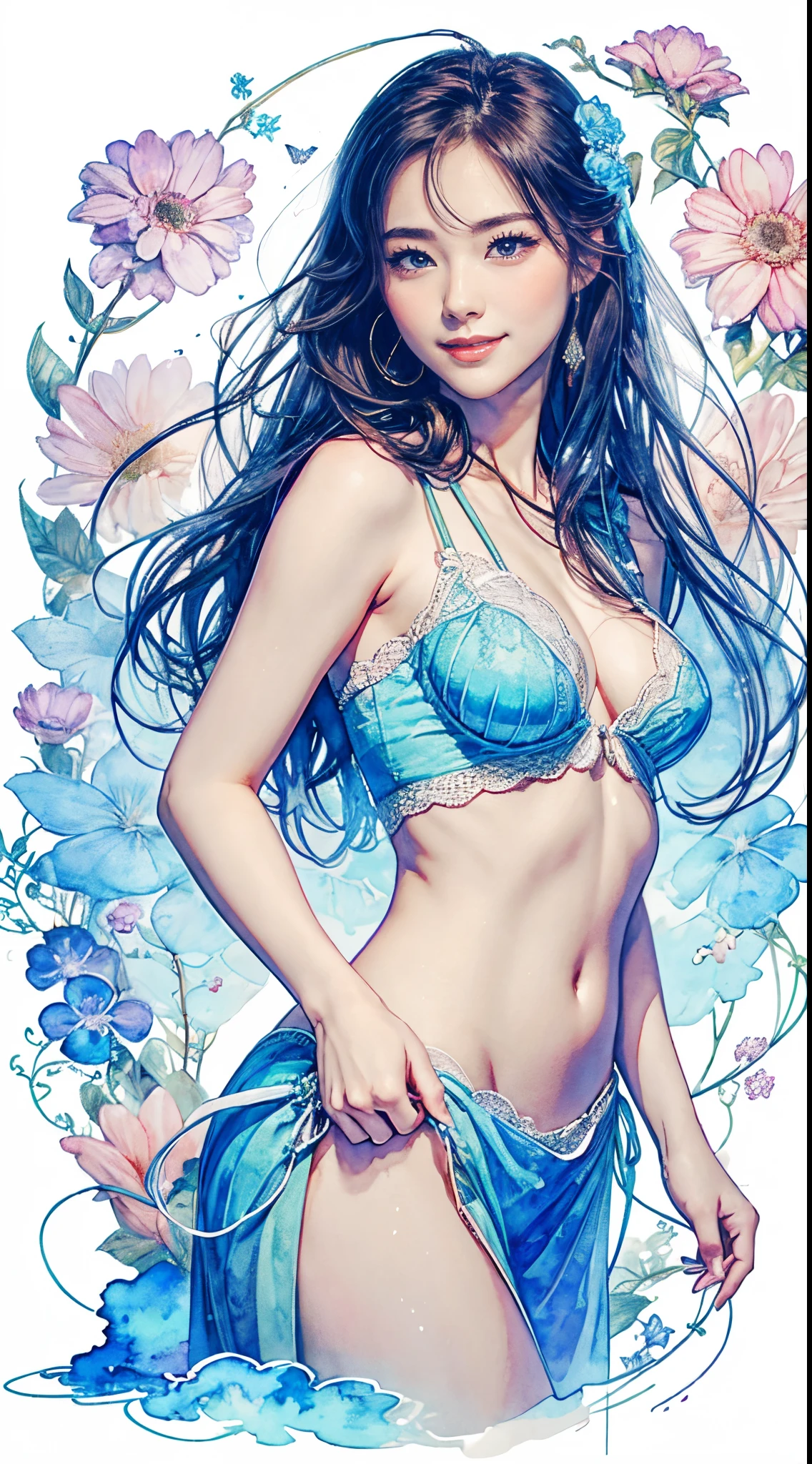 8K,masterpiece,top-quality,Dynamic Pose,beautiful woman with long hair,Smile:1.6, Cultivated woman, beautiful japanese female, Gorgeous Japan Girl,Pretty actress, girl cute-fine-face, Female actress,slim,Sexy,watercolor paitingium\)
