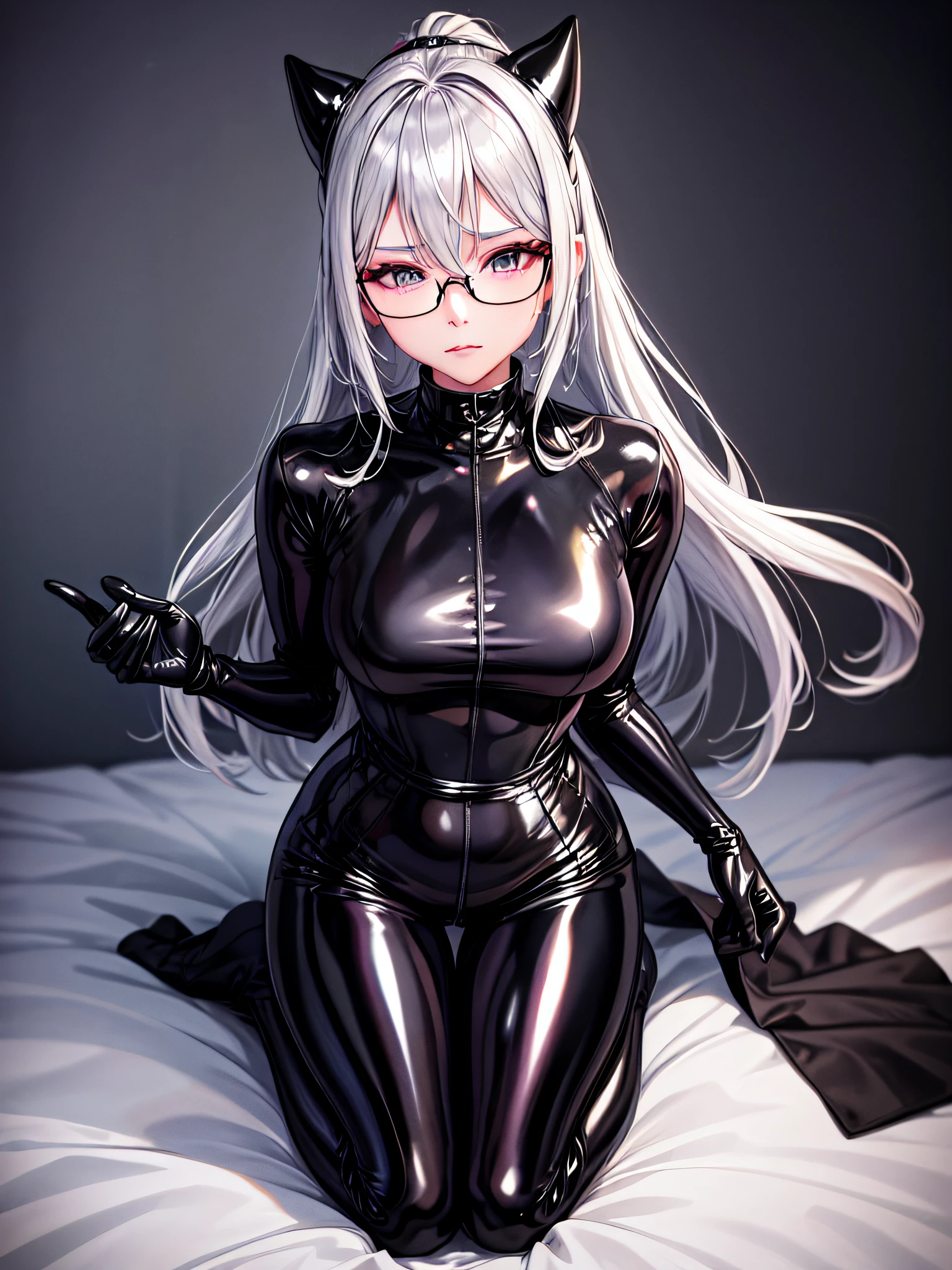 top-quality、8K UHD、A beautiful silver-haired woman with a small nose wearing glasses and a latex sweatsuit is kneeling.、Shiny latex sweatsuit with hidden skin、Upper Body Up、独奏、 there is a woman in a black dress posing for a picture, Wearing latex costumes, wearing black latex outfit, sexy dress, shiny black dress, black leather slim clothes