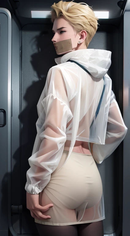 blonde hair male clear raincoat with tape mouth gag , tight ass