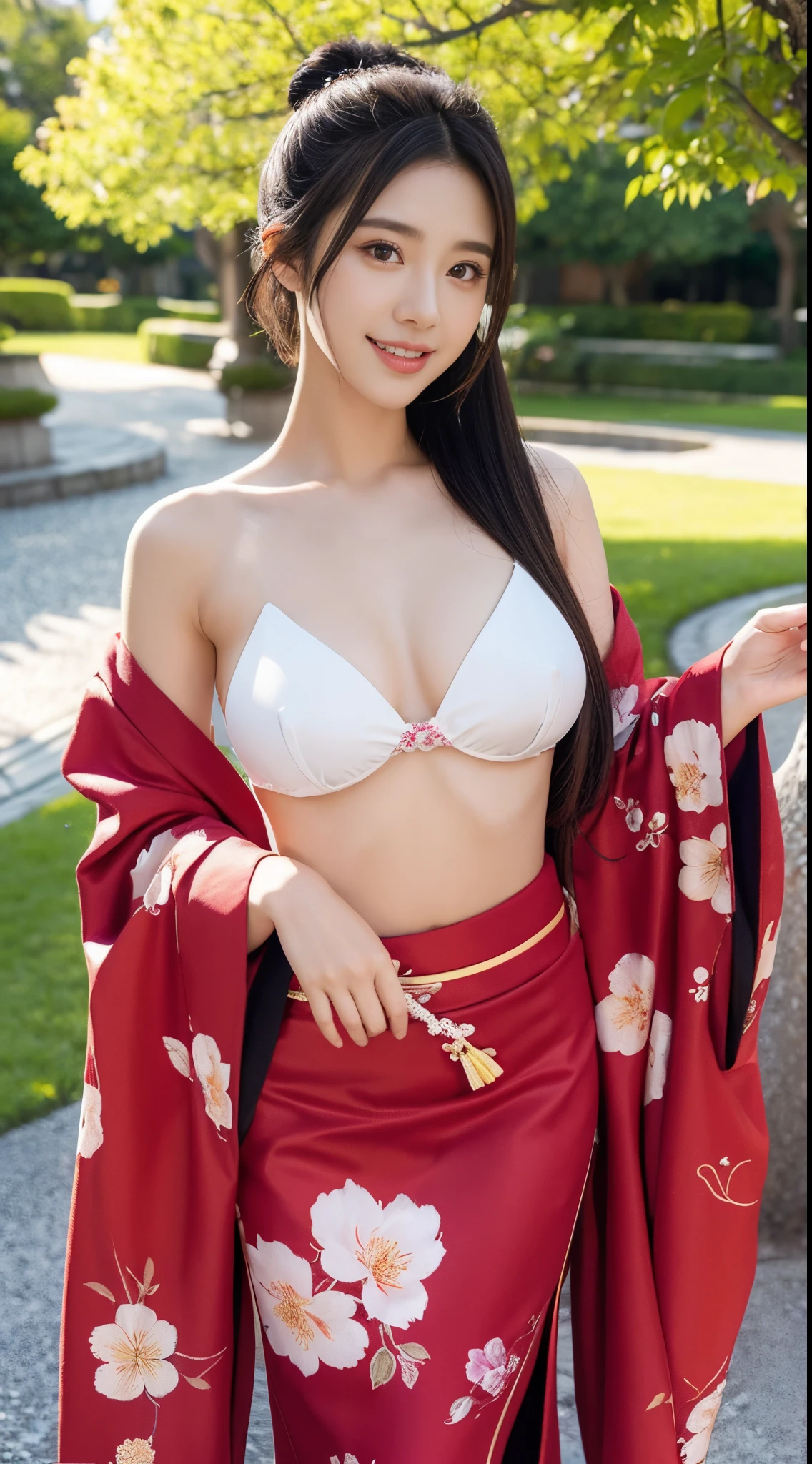 (Mastrepeace:1.2,Best Quality,ultra-detailliert) sexy kimono, Bare shoulder, Bare legs, Open V chest clothes, sexy cute beautiful detailed face, 1girl in, The face of the Japan idol, NSFW, The cherry tree, flower eating hairstyle、a smile, Nice teeth, Sexy Pose, Colossal tits、 girl、花魁、花魁、kimono