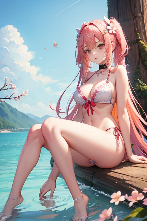 Graphic design,super cute girls:1.0125),(Multicolored,vectorial art,outline,:1.3401), (Best quality), (tmasterpiece), unbelievable_Ridiculous resources, very detailed nipples, Granular rendering, illuminations, (A high resolution), Original, natta_sky sky, (deactivate_show on:1.2), (closeup cleavage), (one-girl:1.3) Sam (Sit on a tree) And soak your feet, [[light  smile]], (baby doll_with pink hair), exceedingly_long_the hair, Water inner hair,rabbiteareautidful eyes), (red eye band, (peach blossom), blooming flower) that tree, petals on water, floating petal, [[moon full]]