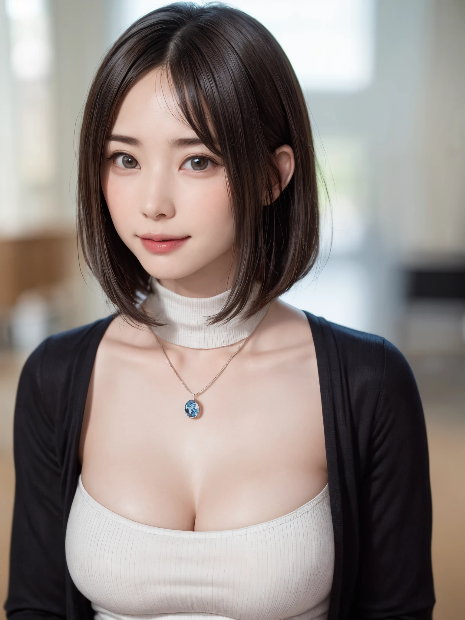 (masutepiece, top-quality、high-detail:1.4、Very attractive beauty、Add intense highlights to the eyes、Look firmly at the camera:1.4、A beautiful woman full of charm、Ideal ratio body proportions、Perfect Anatomy、Brunette Short Bob Hair、Lustrous hair、bangss:1.4、shiny bangs:1.4、lipgloss),1girl in, report, Light brown shiny hair, muffler,realisitic, looking at the viewers、Tilt your head slightly, Bright colored crystal light blue eyes, short shiny hair、 White turtleneck outfit with a hole in the center of the chest,Sexy white turtleneck knit sweater with a round hole in the middle of the chest、 s lips, lipgloss, The upper part of the body、big eye、Lashes、A little red in the face、Embarrassing)、((italian road in winter))、((short hair with big eyes、Put very strong highlights in your students、{Gigantic|Big|Huge|Mega} breasts:1.4、very Bigger breasts、gazing at viewer、Very beautiful beauty、Put your ears out、long neck、little smiling、Beautiful teeth、Open your mouth and smile、Heart-shaped pupil))、28 year old、Very cute supermodel、