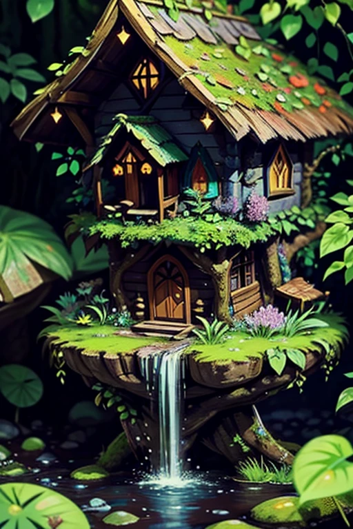 A fairy village in a magical forest, with enchanting forest dwellings, sparkling pixie dust, shimmering wings, and vibrant flora. The village is surrounded by towering trees, their branches intertwined to form a lush canopy overhead. The mushroom-shaped houses are adorned with delicate flower petals, twinkling lights, and intricate wood carvings. The fairies have colorful, iridescent wings that shimmer in the sunlight, and they can be seen gliding gracefully through the air. The air is filled with the soft melody of birdsong and the laughter of the fairies. The forest is alive with vibrant colors, with flowers blooming in all shades of the rainbow, and moss-covered rocks and streams adding to the magical atmosphere. The sunlight filters through the leaves, casting beautiful dappled patterns on the forest floor. The overall image quality should be at its best with high resolution and extreme detail to capture the intricate beauty of the fairy village and its surroundings. The colors should be vivid and the lighting should exude a soft, ethereal glow.