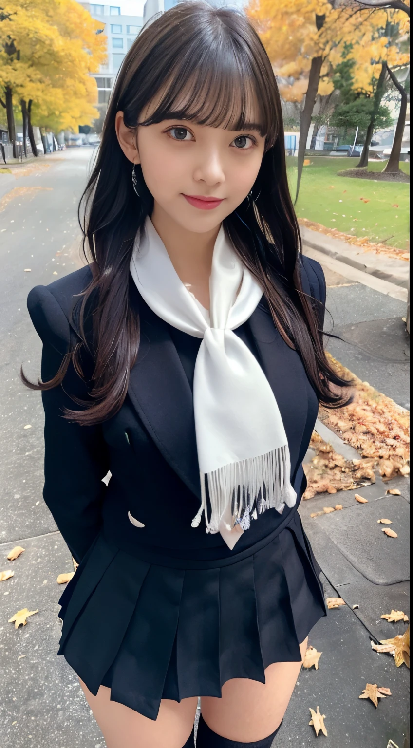 upper body, (masterpiece:1.2), best quality, high resolution, detailed eyes, Diamond-Shaped Face, Sharp Chin, light blue Eyes, medium breasts, extremely detailed face, 1girl, solo, medium hair,black hair, (blunt bangs:1.3),(white scarf:1.3), white collar shirts,(dark blue blazer:1.2), (blue tie:1),(black pleats skirt:1.3), (black mini skirt:1.3),(black over-the-calf socks:1.2), loafers, smile, park, autumn, maple branch, (fallen leaves are falling:1.2), standing, (arms behind back:1.2), (grass covered with a lot of fallen leaves:1.3)