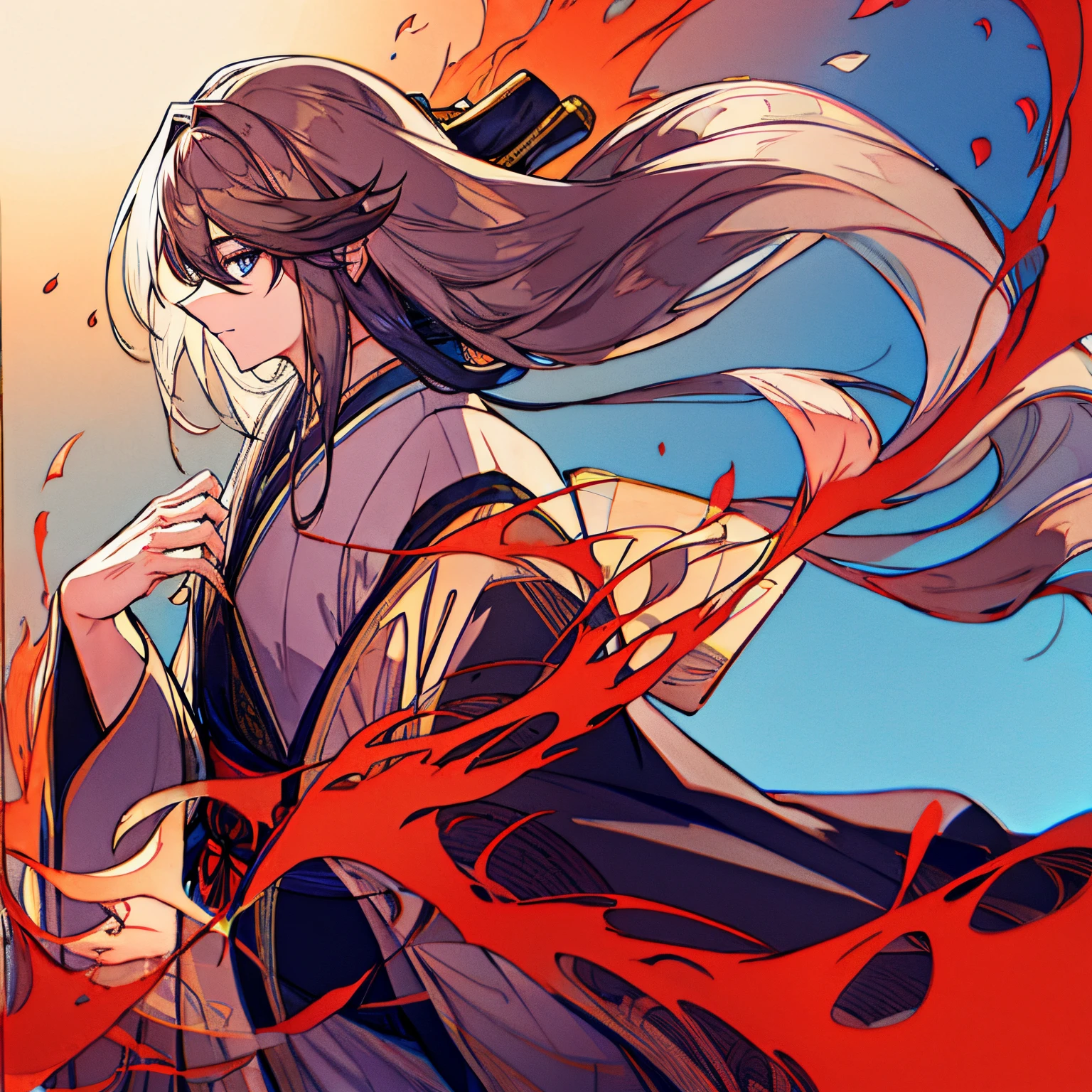 There is a well-dressed character with red and scarlet eyes and beautiful brown hair and well dressed in a kimono and a look of superiority of arrogance as if she were a goddess give an aura of arrogance