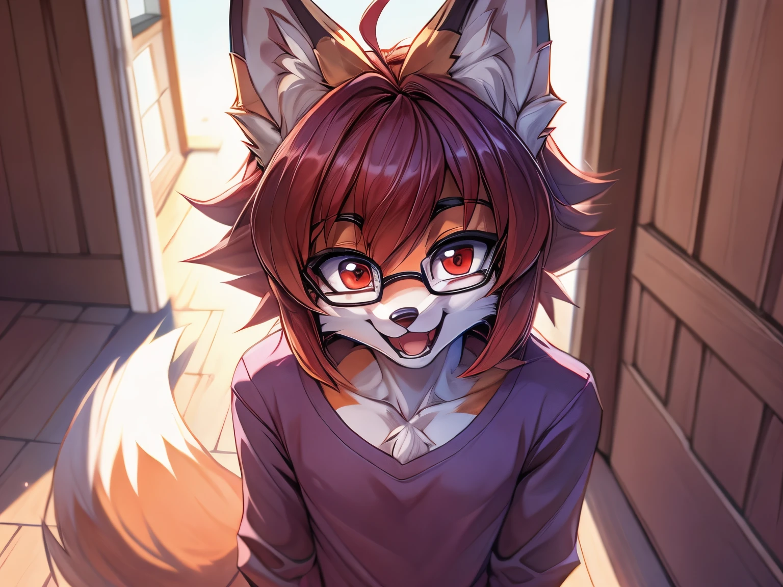 fox furry girl with short red hair, fluffy hair shy, beautiful red eyes, wearing glasses,  very  fluffy tail, small chest, ************, happy , closed mouth, young body, feeling Good, wearing a cute purple modest cute outfit, leaning over, hands on hips, in a in front of a house, being adorable, proud girl, wanting to be loved, low perspective