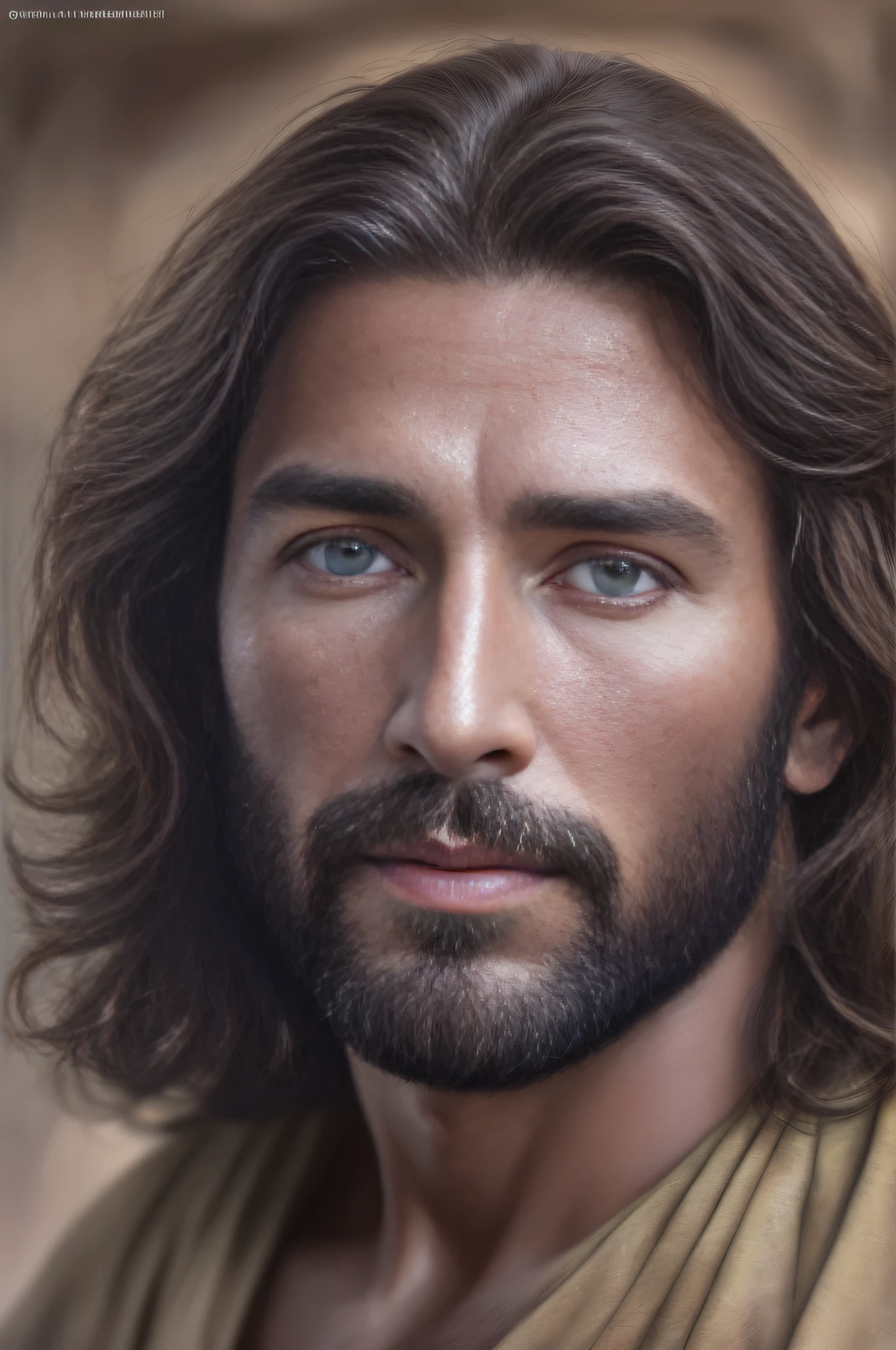 Jesus com cabelos longos e barba, olhos verde,vestindo um manto bronzeado, Retrato de Jesus Cristo, Jesus Cristo, rosto de Jesus, handsome impressive realistic and smiling with compassion, painted in high resolution, jesus of nazareth, ultra detalhe. pintura digital, bonito rosto detalhado, fechar retrato, pintado digitalmente, Jesus, pintura digital fotorrealista, pintura digital ultra realista, pintura digital realista, airbrush digital oil painting