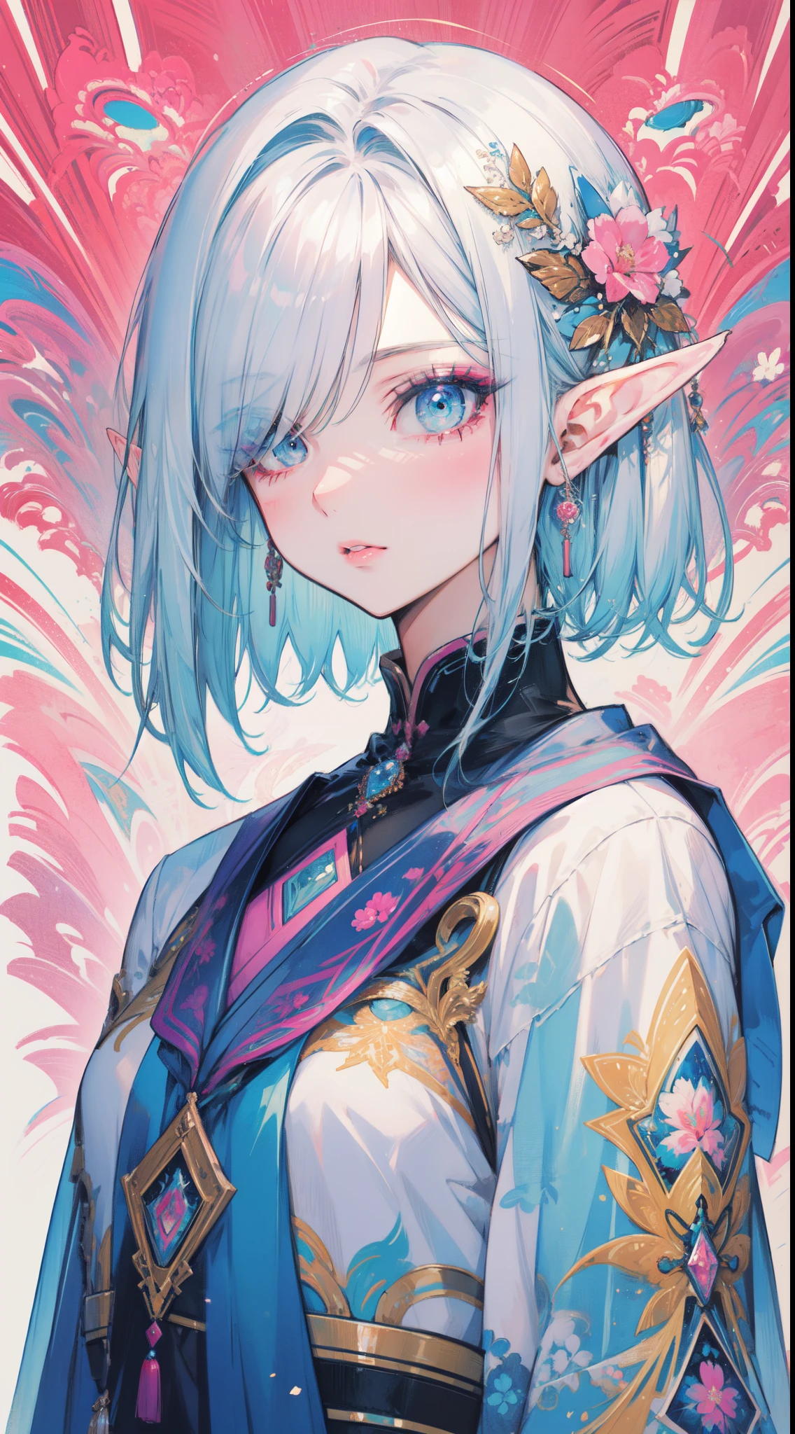 (masterpiece, top quality, best quality, official art, beautiful and aesthetic:1.2), (elf), (1girl), Bob cut hair, parted bangs, (hair over one eye), white hair, lips, eyelashes, makeup, blue eyes, eyeshadow, pink eyeshadow, pink lips, extreme detailed,(fractal art:1.3),colorful,highest detailed, art by Artgerm, by wadim kashin, by Kawacy, by Yusuke Murata