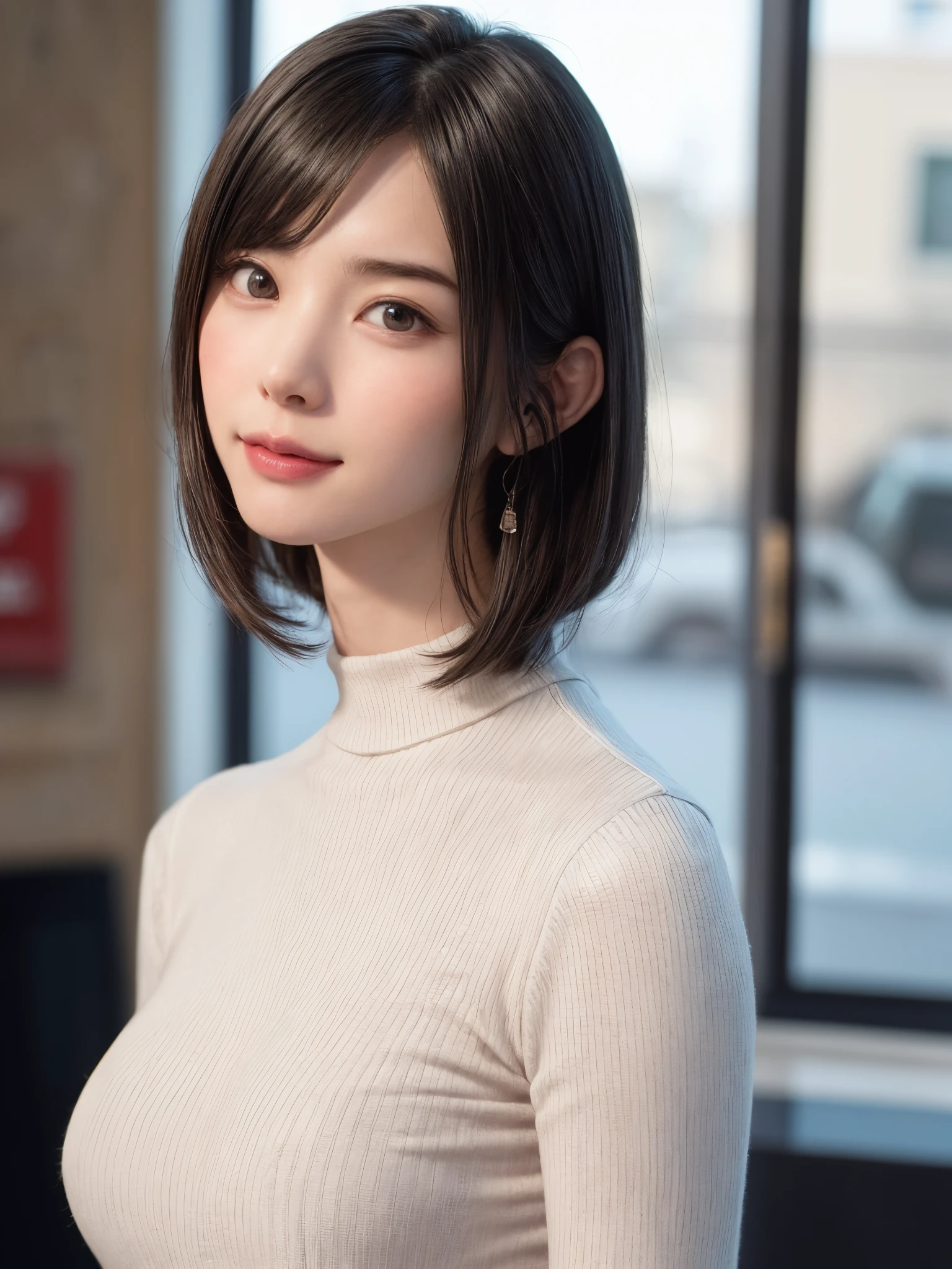 (masutepiece, top-quality、high-detail:1.4、Very attractive beauty、Add intense highlights to the eyes、Look firmly at the camera:1.4、A beautiful woman full of charm、Ideal ratio body proportions、Perfect Anatomy、Brunette Short Bob Hair、Lustrous hair、bangss:1.4、shiny bangs:1.4、lipgloss),1girl in, report, Light brown shiny hair, muffler,realisitic, looking at the viewers、Tilt your head slightly, Bright colored crystal light blue eyes, short shiny hair、 White turtleneck outfit with a hole in the center of the chest,Sexy white turtleneck knit sweater with a round hole in the middle of the chest、 s lips, lipgloss, The upper part of the body、big eye、Lashes、A little red in the face、Embarrassing)、((italian road in winter))、((short hair with big eyes、Put very strong highlights in your students、{Gigantic|Big|Huge|Mega} breasts:1.4、very Bigger breasts、gazing at viewer、Very beautiful beauty、Put your ears out、long neck、little smiling、Beautiful teeth、Open your mouth and smile、Heart-shaped pupil))、28 year old、Very cute supermodel、