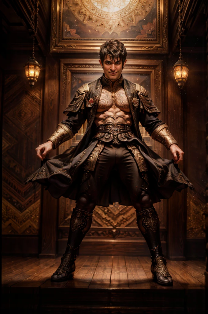 ((masterpiece)), ((a male bullfighter)),((with typical Spanish bullfighter clothes)), ((1 male bullfighter)),1 18 year old boy, ((lascivious full body)), (( beautiful, muscular legs)),
((beauty body,)), top quality、Official Art、great aesthetics:1.2)、best quality, ultra hd, 32k、(Fractal Art:1.3)、
Coloring、but high detailed　((masculine evil villain)), soft smile, Masculine and strong, Smooth expression
a smile　full body shot,　golden light looking at camera, ((in the background bullring in Seville)), Spain, highly detailed,
ultra-realistic, intricate details, painting (Craftsmanship), ((master part, best quality)), ((Cinematic light)),
hyper realistic, fearsome, dark fantasy, epic realistic, art, (HDR:1.5), hyper detailed, (Artee station:1.5),
cinemactic, warm lights, Light Effect, dramatic light, (intricate details:1.1), Complex background,
(Greg Rutkowski:0.8),