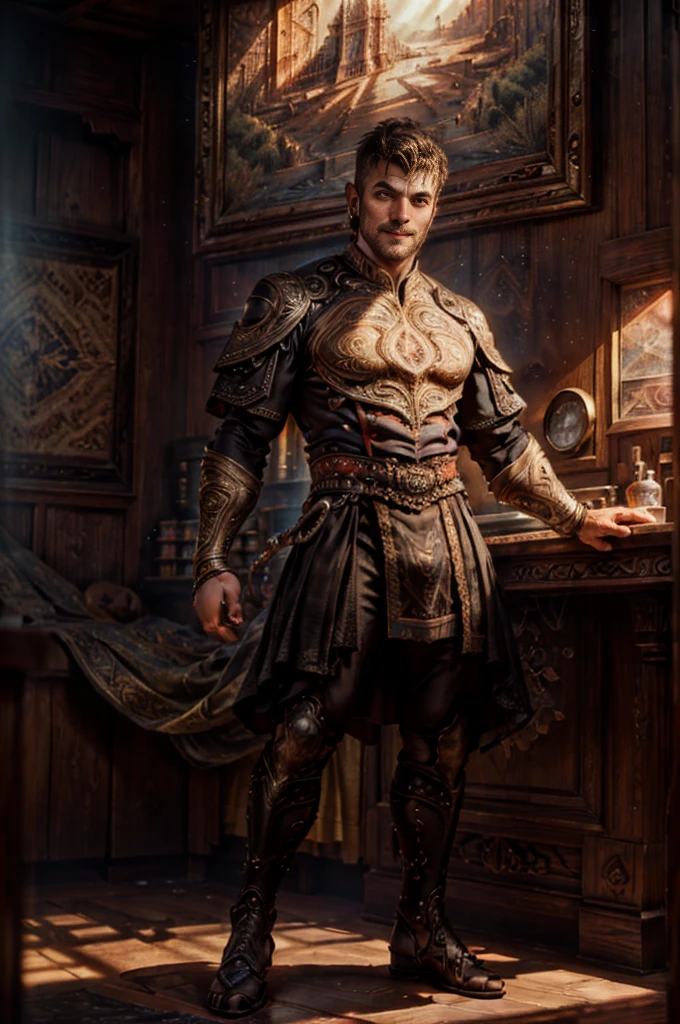 ((masterpiece)), ((a male bullfighter)),((with typical Spanish bullfighter clothes)), ((1 male bullfighter)),1 18 year old boy, ((lascivious full body)), (( beautiful, muscular legs)),
((beauty body,)), top quality、Official Art、great aesthetics:1.2)、best quality, ultra hd, 32k、(Fractal Art:1.3)、
Coloring、but high detailed　((masculine evil villain)), soft smile, Masculine and strong, Smooth expression
a smile　full body shot,　golden light looking at camera, ((in the background bullring in Seville)), Spain, highly detailed,
ultra-realistic, intricate details, painting (Craftsmanship), ((master part, best quality)), ((Cinematic light)),
hyper realistic, fearsome, dark fantasy, epic realistic, art, (HDR:1.5), hyper detailed, (Artee station:1.5),
cinemactic, warm lights, Light Effect, dramatic light, (intricate details:1.1), Complex background,
(Greg Rutkowski:0.8),