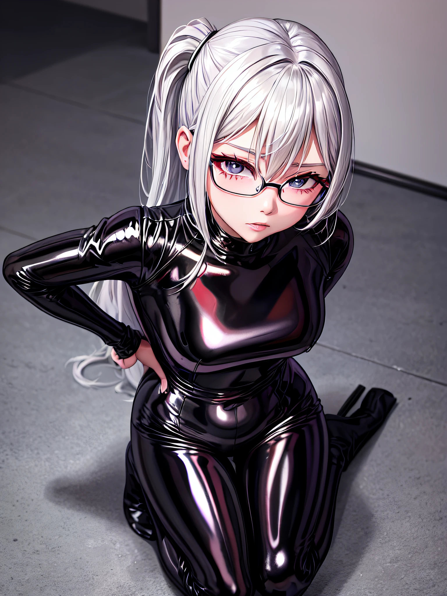 top-quality、8K UHD、A beautiful silver-haired woman with a small nose wearing glasses and a latex sweatsuit is kneeling.、Shiny latex sweatsuit with hidden skin、Upper Body Up、独奏、 there is a woman in a black dress posing for a picture, Wearing latex costumes, wearing black latex outfit, sexy dress, shiny black dress, black leather slim clothes