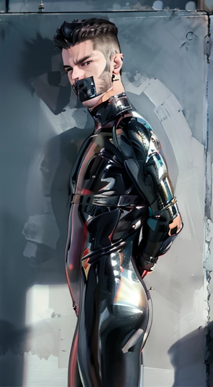 Male in latex bodysuit with tape mouth gag , tight ass