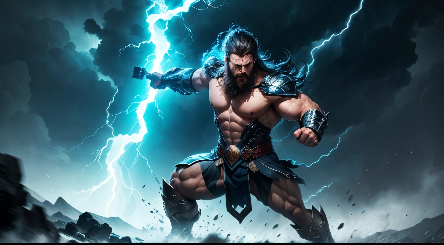 furious Thor, lightning in the background,divine energy,rippling muscles,raging storm,thunderous power,stormy atmosphere,electrifying sparks,heroic stance,godly wrath,enchanted hammer,heavenly glow,torrential rain,thunder crackling,mythical warrior,vibrant colors,ominous clouds,energetic dynamism,dark and moody lighting,heroic silhouette,electric storm,unleashed fury,fierce expression,beard fluttering,kinetic energy,tempestuous weather,striking visuals,powerful deity,storm god,thunderous roar,majestic presence,mythical weapon,fiery determination,awe-inspiring,force of nature.