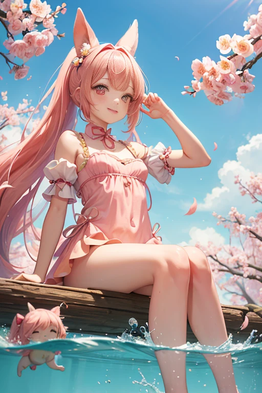 super cute girls:1.0125),(Multicolored,vectorial art,outline,:1.3401), (Best quality at best), (tmasterpiece), unbelievable, Very meticulous, Granular rendering, Lighting, (A high resolution), Original, natta_sky sky, (deactivate_Shown in:1.2), (one-girl:1.3) Sam (Sit on a tree) And soak your feet, [[light  smile]], (Baby dolls_with pink hair), extremely_Long double ponytail hair, Water inner hair,Bunny ears beautiful pink eyes), (red eye band, (peach blossom), Blooming flowers) that tree, petals on water, floating petal, [[A sky full of stars]]