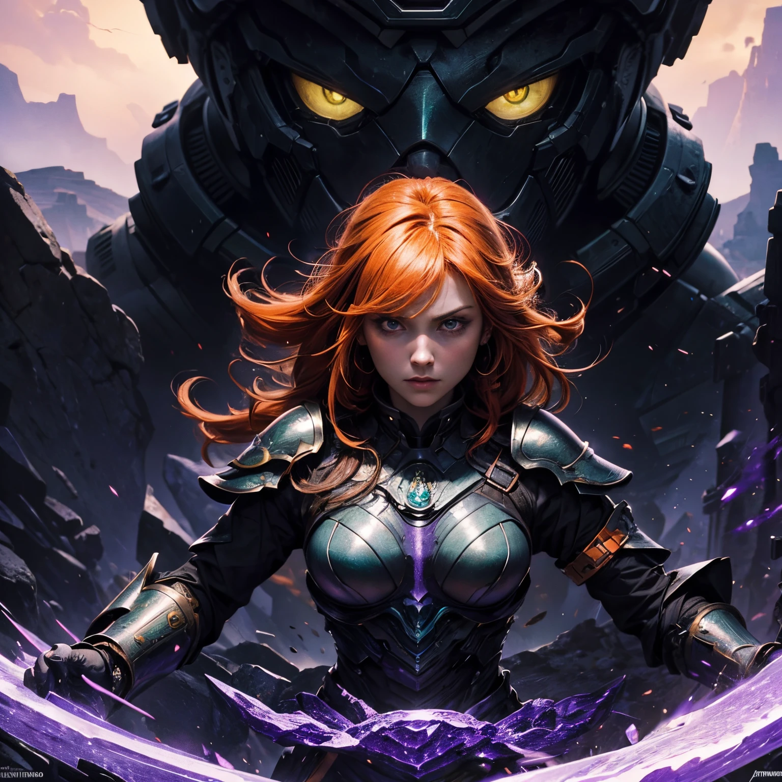 master piece, 8k, girl, orange hair, green eyes, serious and courageous face, black obsidian armor with purple sapphire encrusted, punch position, gran canyon scenario.