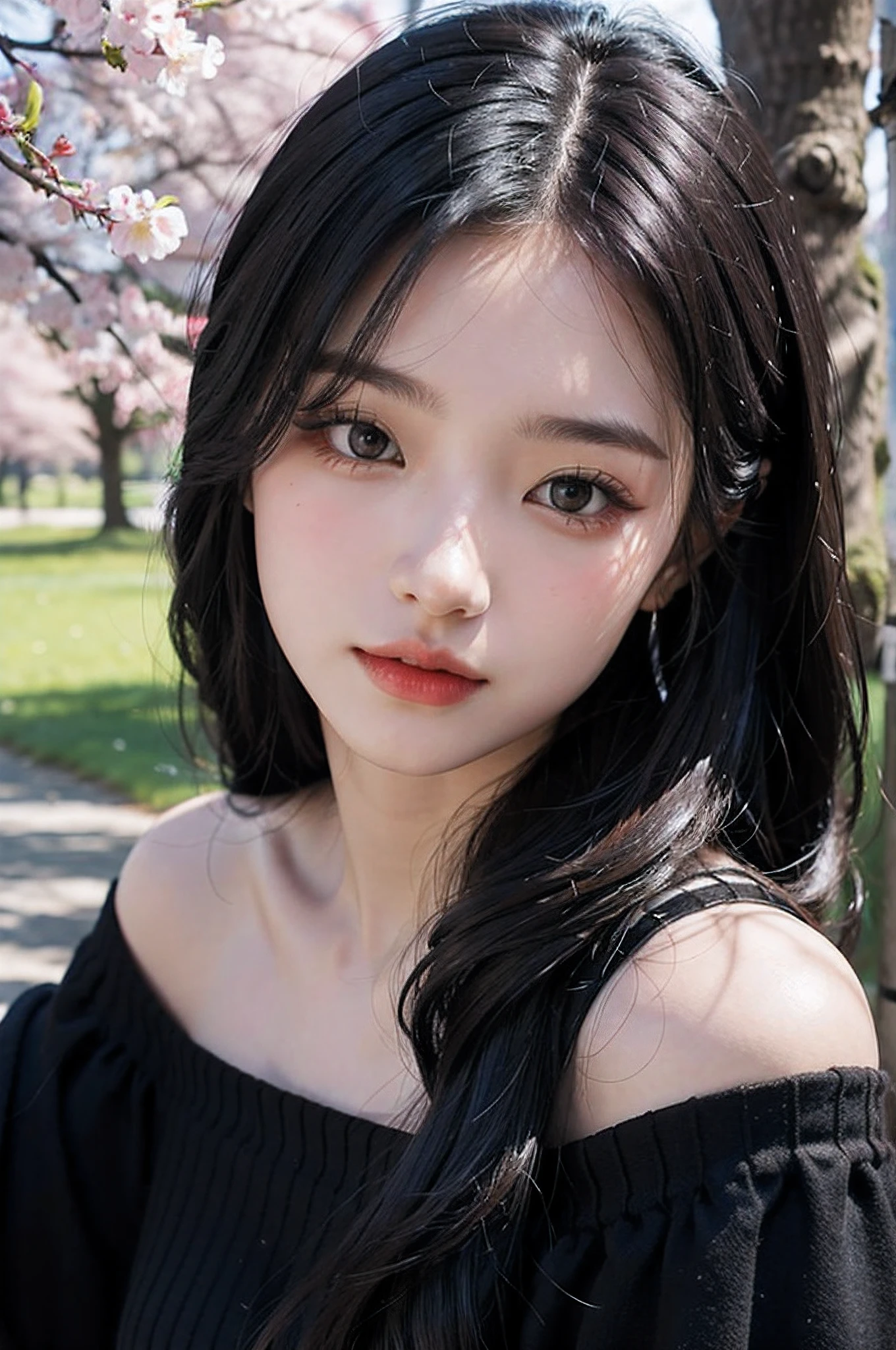 a park、springtime、cherry trees、Black off-shoulder