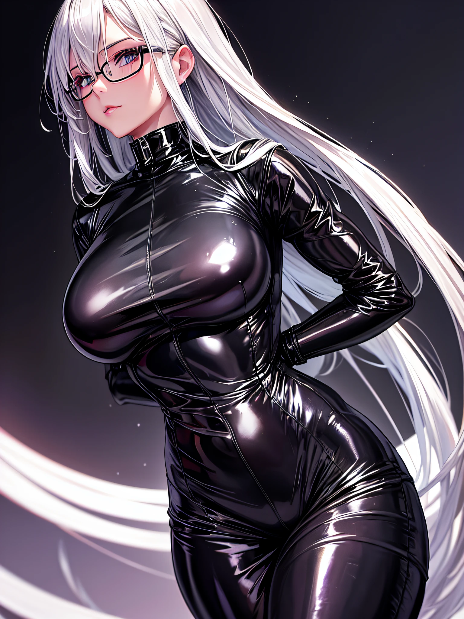 top-quality、8K UHD、A beautiful silver-haired woman with a small nose wearing glasses and a latex sweatsuit is posing for a gravure photoshoot.、Shiny latex sweatsuit with hidden skin、Upper Body Up、独奏、 there is a woman in a black dress posing for a picture, Wearing latex costumes, wearing black latex outfit, sexy dress, shiny black dress, black leather slim clothes