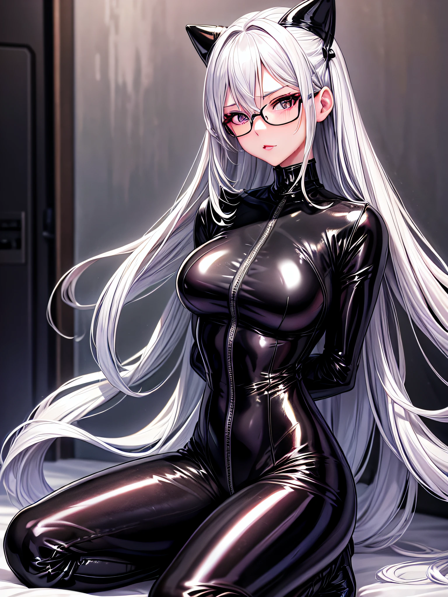 top-quality、8K UHD、A beautiful silver-haired woman with a small nose wearing glasses and a latex sweatsuit is posing for a gravure photoshoot.、Shiny latex sweatsuit with hidden skin、Upper Body Up、独奏、 there is a woman in a black dress posing for a picture, Wearing latex costumes, wearing black latex outfit, sexy dress, shiny black dress, black leather slim clothes