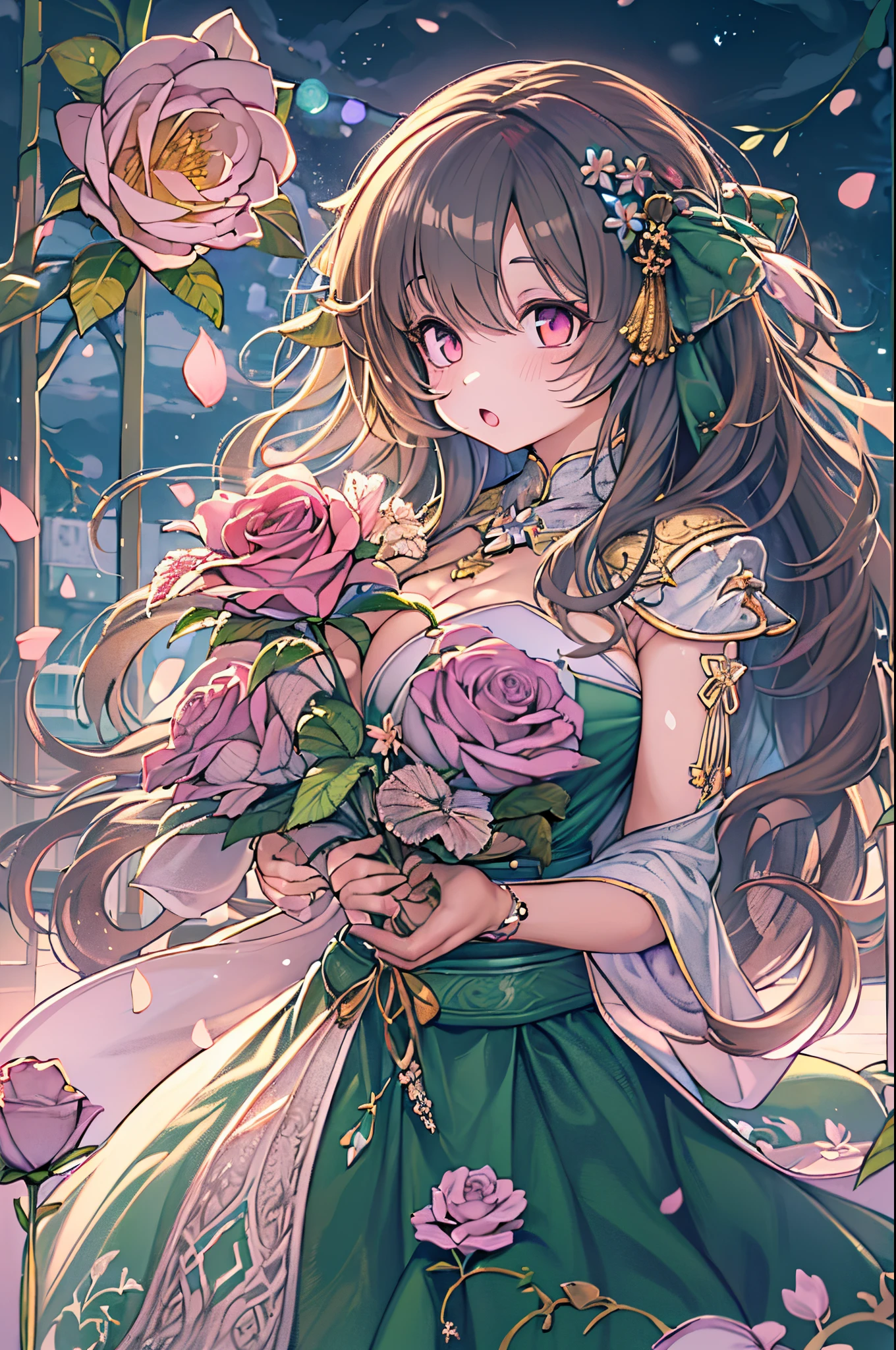 Detailed background, masutepiece, Best Quality, 1 person , Curly hair, Long hair, Purple eyes, stars in the eyes , Strapless blouse, long  skirt、huge-breasted、Dozen Rose、holding a rose flower