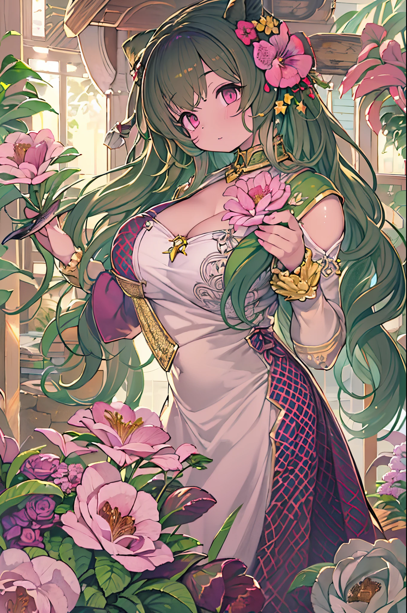 Detailed background, masutepiece, Best Quality, 1 person , Curly hair, Long hair, Purple eyes, stars in the eyes , Strapless blouse, long  skirt、huge-breasted、Dozen Rose、holding a rose flower