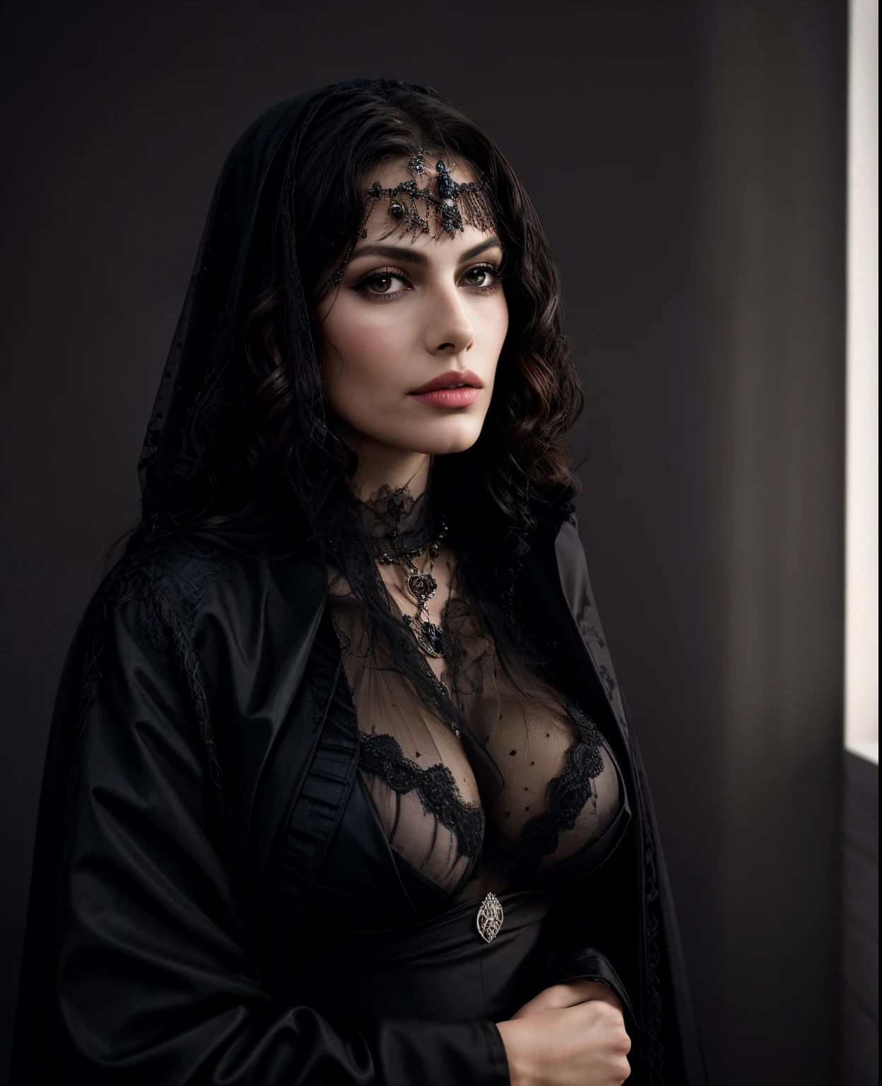sexuell erregte Frau (Eva Mendes) mit schwarzem Schleier und Spitze an Kopf und Hals, Portrait of a dark witch, portrait of a dark goddess, Dunkel und kompliziert, Mysterious portrait of a woman, Woman in black robes, Fine Art Portrait Photography, dark fantasy portrait, inspiriert von Ellen von Unwerth, dark portrait, portrait shot, dramatic portrait, beautiful breasts, Seductive, voluptuous look, Frau will Sex, Begierde