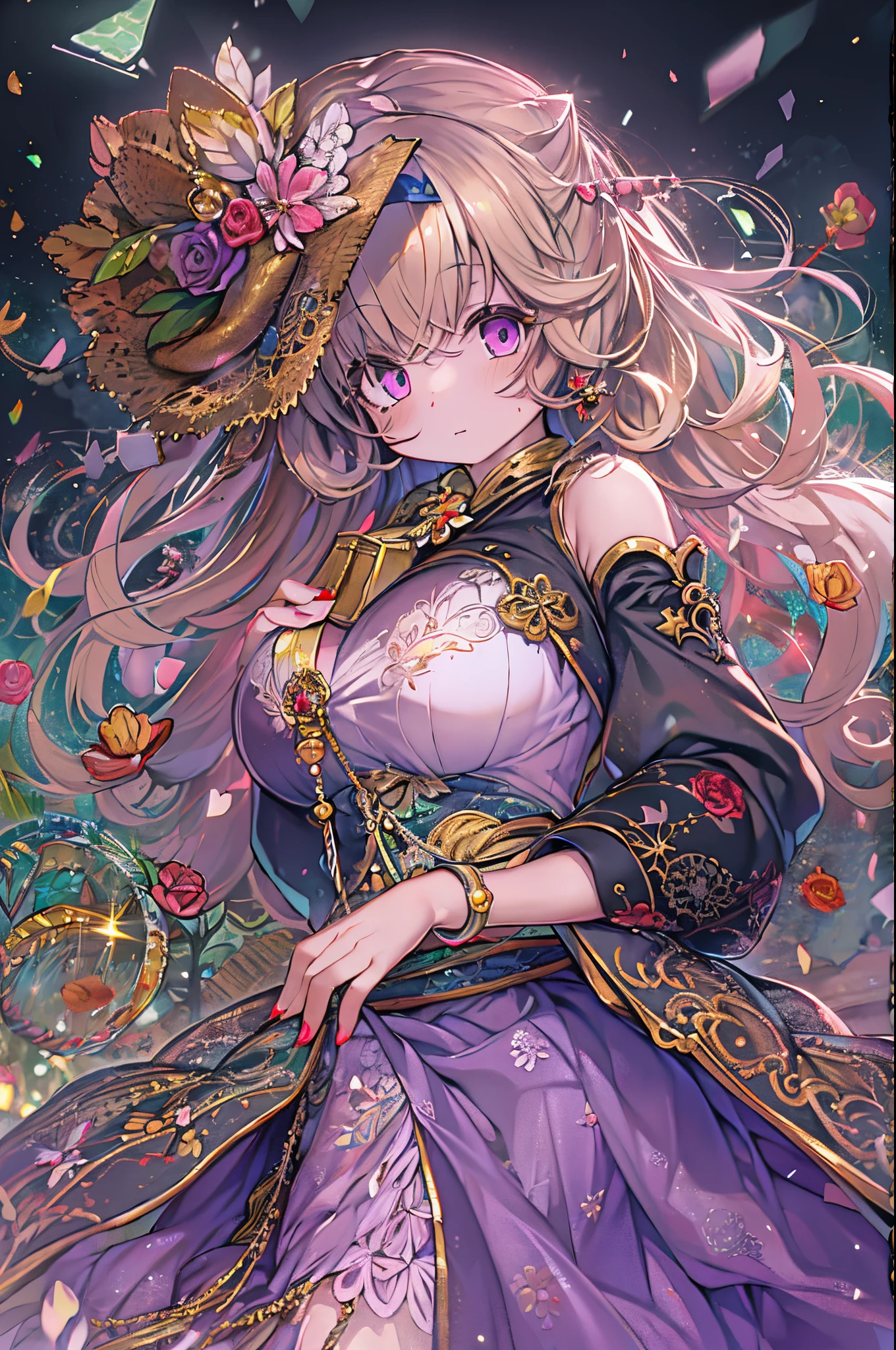 Detailed background, masutepiece, Best Quality, 1 person , Curly hair, Long hair, Purple eyes, stars in the eyes , Strapless blouse, long  skirt、huge-breasted、Dozen Rose、holding a rose flower