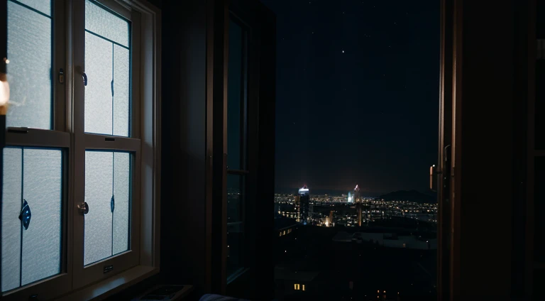 Describe an immersive scene from a large window at night WITH FLOREST