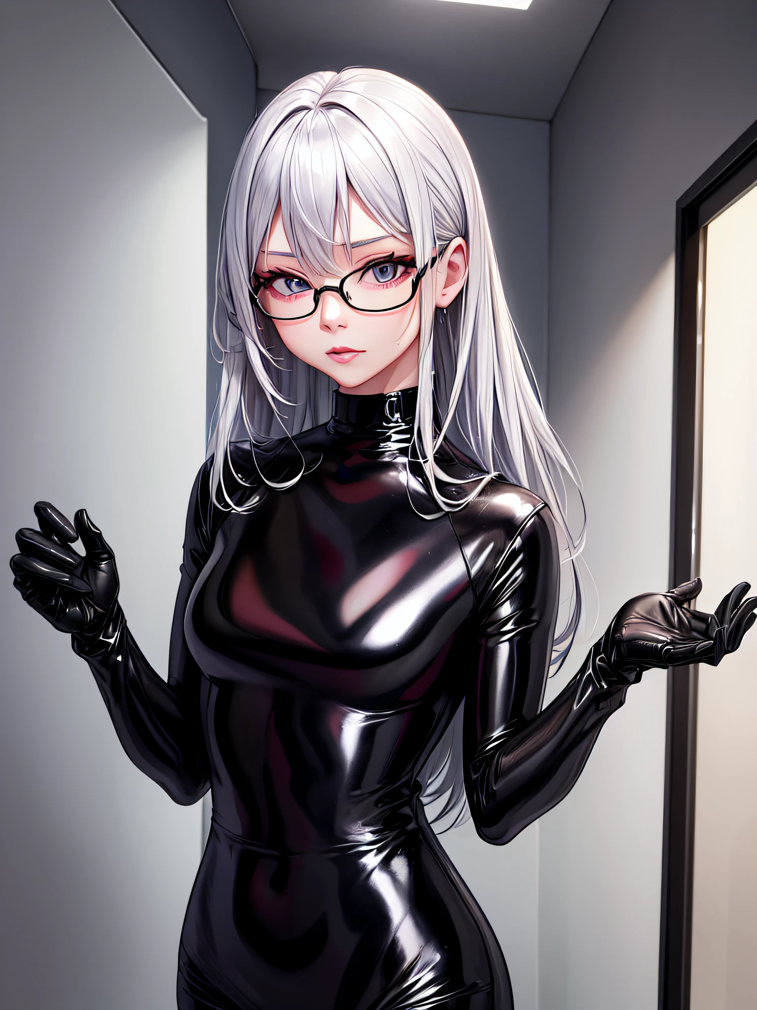 top-quality、8K UHD、A beautiful silver-haired woman with a small nose wearing glasses and a latex sweatsuit is posing for a gravure photoshoot.、Shiny latex sweatsuit with hidden skin、Upper Body Up、 there is a woman in a black dress posing for a picture, Wearing latex costumes, wearing black latex outfit, sexy dress, shiny black dress, black leather slim clothes