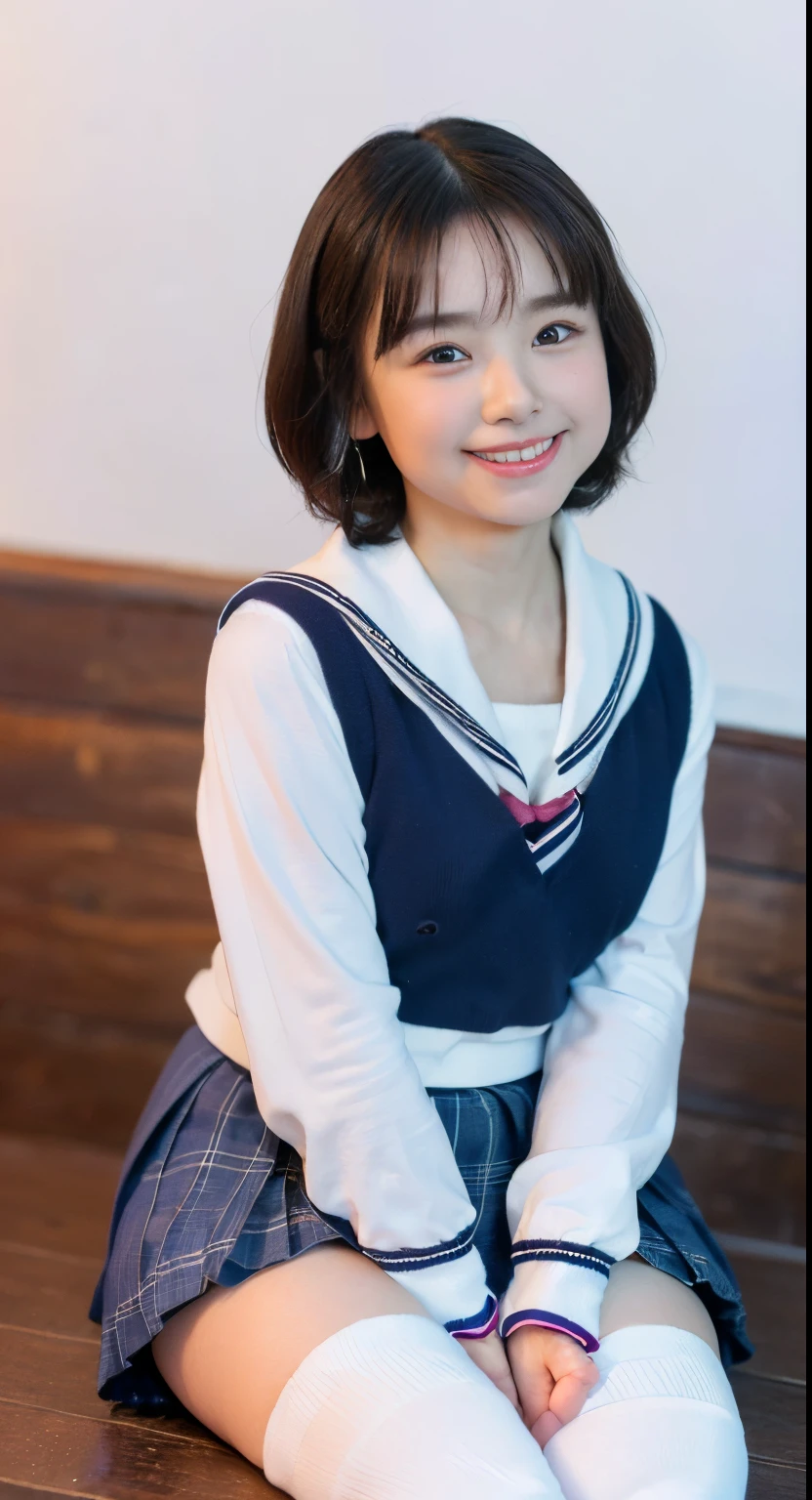 a closeup, masterpiece, top-quality, FULL ANATOMY、Raw foto, Photorealsitic、(Cute little face:1.9)、(Very cute smile:1.8)、(with round face:2)、(She looks like an idol and is cute:1.7), (A dark-haired)、(cute school uniform:1.7), depth of fields, hight resolution, ultra-detailliert, finely detail, ighly detailed, extremely detailed eye and face, Realistic pupils, foco nítido, Cinematic lighting、18-year-old woman、(One lady、Only one person、独奏、without background:1.9)、 (short-hair、short-haired:1.4)、Very detailed 8k wallpaper、Show me your whole body、Looking at the camera、(Too short plaid pleated skirt、I can see the white panties、Plump panties、Lift the hem of the skirt with both hands、Showing her panties to the camera:1.7)、(white short socks:1.4)、Angle from below、(Thigh close-up:1.6)、(Nice figure、big breasts thin waist)、(Clothes with emphasized chest bulge、Colossal tits:1.6)、Background depth of field