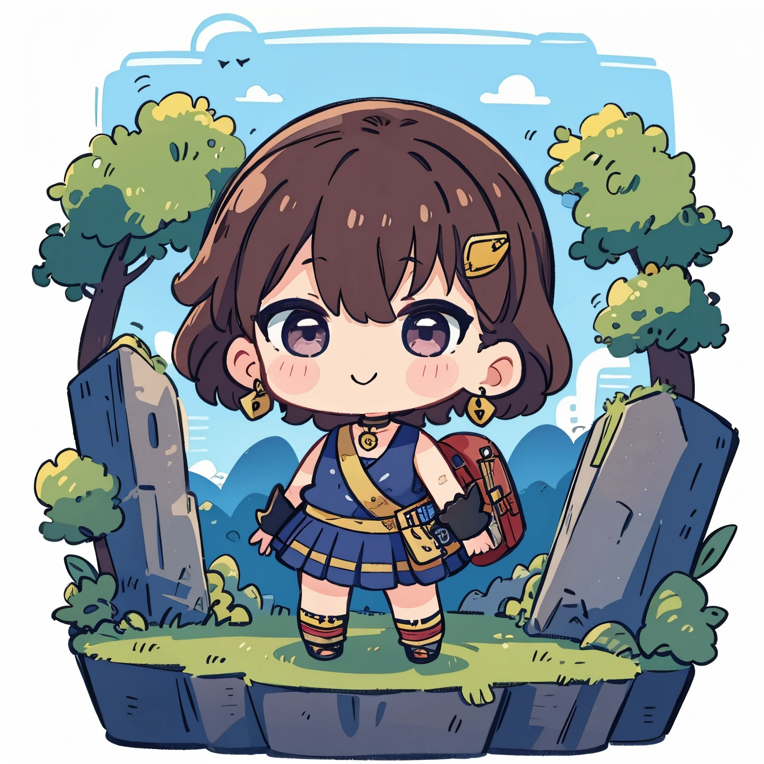 1girl, anime_coloring, black_eyes, black_gloves, brown_hair, choker, earrings, gloves, jewelry, letterboxed, parody, short_hair, smile, solo, style_parody, (chibi:1.5)
