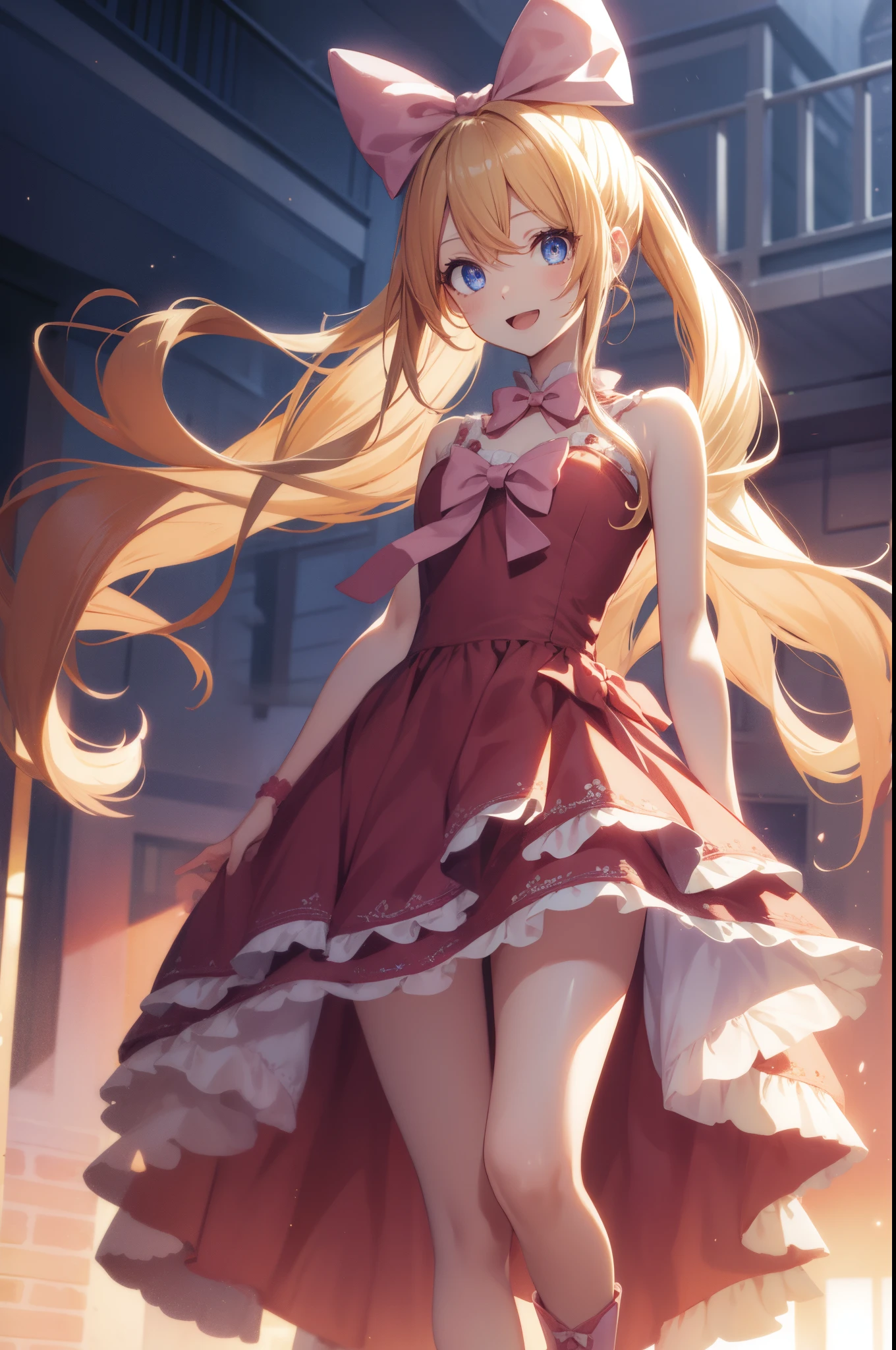 Nuiharime, Nuiharime, 10s, Big hair, Blonde hair, Blue eyes, Drill Hair, an eye patch, Hair Bow, Long hair, pink bows, twin drills, Twin-tailed, Open mouth, Smile,
Blake Boots, Bow, Dress, an eye patch, Hair Bow, pink footwears, Strapless, straplessdress,
BREAK looking at viewer, Upper body, Full body,
BREAK outdoors,
BREAK (masutepiece:1.2), Best Quality, High resolution, Unity 8k壁纸, (Illustration:0.8), (Beautiful detailed eyes:1.6), extra detailed face, Perfect Lighting, extremely details CG, (Perfect hands, Perfect Anatomy),