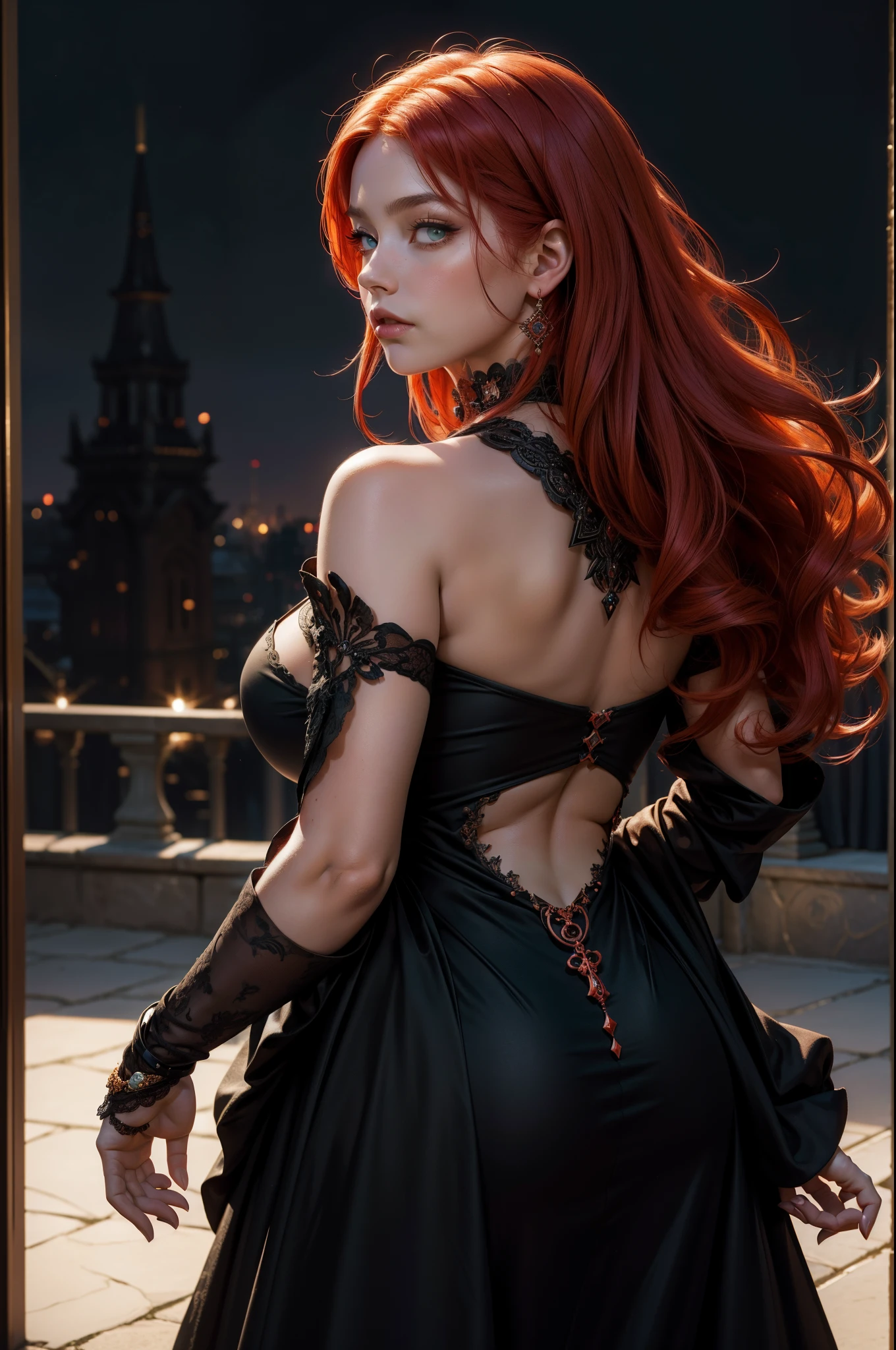 Photo of a woman with red hair and a death grip in a black dress, John Collier's Art Style, Virgo with copper hair, Style by Karol Buck, Young Redhead, portrait of a young witch, No Bowwater Art Style, Stage Director: Roberto Lankiewicz, Geraldo Brohm, Alberto Lynch, portrait of princess merida, Dave Sim, Red-haired girl in a dark palace, Black and purple velvet dress in a kokoshnitsa, Luxury Gypsy Clothing, Head Decoration, lace choker, tmasterpiece, topquality, (Odin), (a perfect face: 1.3), (higly detailed: 1.2), dramatic, 1girl, Angel, (Pale-skinned), Long red hair, dark red hair, (Huge-breasts), light eyebrows,,,,,,,,,, hairlong, the night, Purple and Black Medieval Gypsy Clothing, a lot of jewelry, Head decorations, brown eye, The navel is covered......., pouty lips, Curvilinear, (Hands Behind Your Back: 1.4), Covered, Detailed background of the palace, Arte de Artgerm e Greg Rutkowski, 电影灯光, , moda, balenciaga, Alexander McQueen, glistering, Copper-red hair, Copper-red hair, redhead hair, redhead woman, Beautiful red hair, Redhead, Pale-skinned, Bottle of Fat, large lips, juicy lips beautiful lips, pretty eyes, Chubby Buchachas, round face, Chubby young woman, Chubby , chub, fat, Woman with chubby body, Chubby woman, Black Dress, Sullenly reaches out with his whole body towards the viewer.), (Green eyes: 1.3)