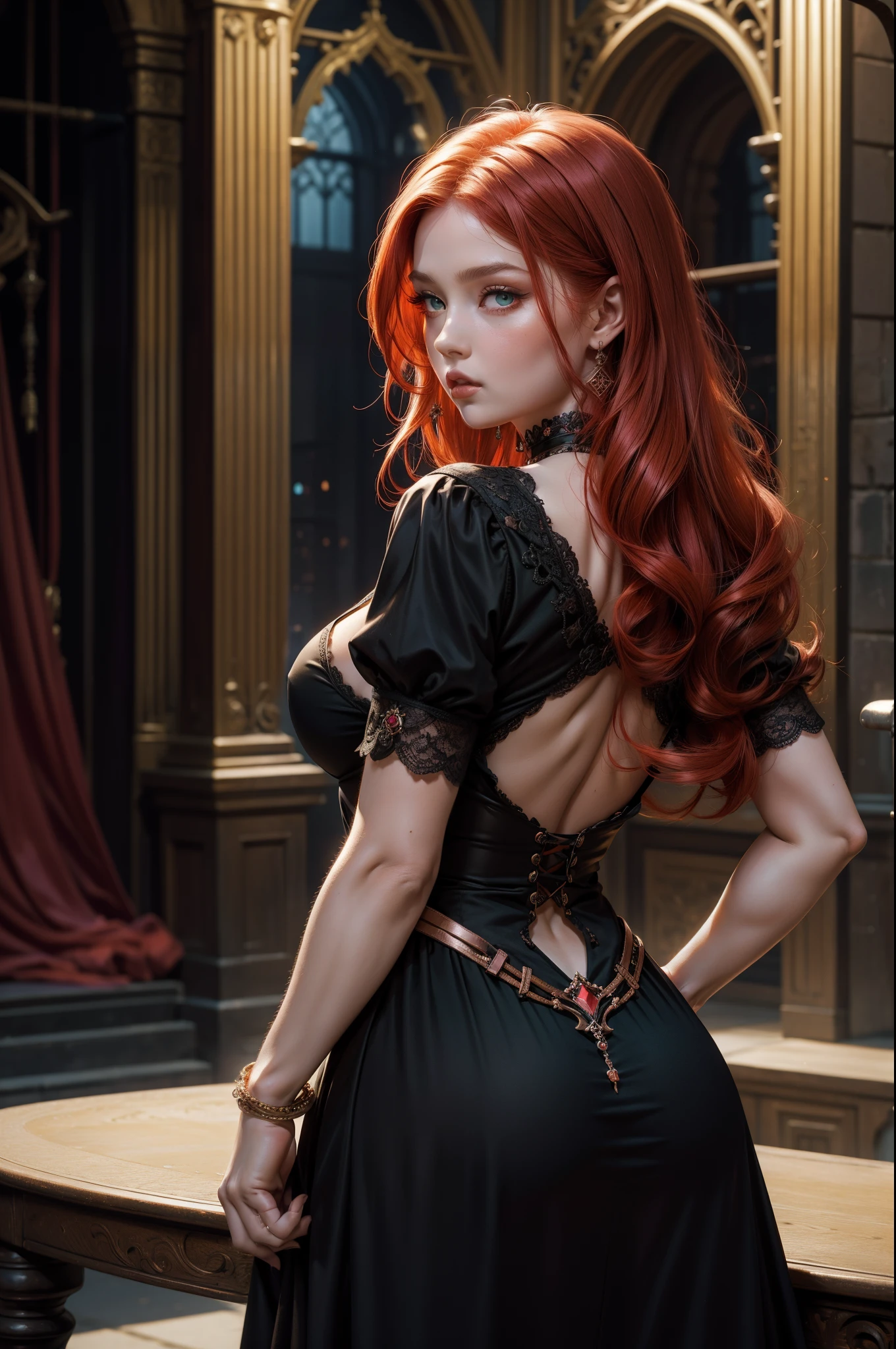 Photo of a woman with red hair and a death grip in a black dress, John Collier's Art Style, Virgo with copper hair, Style by Karol Buck, Young Redhead, portrait of a young witch, No Bowwater Art Style, Stage Director: Roberto Lankiewicz, Geraldo Brohm, Alberto Lynch, portrait of princess merida, Dave Sim, Red-haired girl in a dark palace, Black and purple velvet dress in a kokoshnitsa, Luxury Gypsy Clothing, Head Decoration, lace choker, tmasterpiece, topquality, (Odin), (a perfect face: 1.3), (higly detailed: 1.2), dramatic, 1girl, Angel, (Pale-skinned), Long red hair, dark red hair, (Huge-breasts), light eyebrows,,,,,,,,,, hairlong, the night, Purple and Black Medieval Gypsy Clothing, a lot of jewelry, Head decorations, brown eye, The navel is covered......., pouty lips, Curvilinear, (Hands Behind Your Back: 1.4), Covered, Detailed background of the palace, Arte de Artgerm e Greg Rutkowski, 电影灯光, , moda, balenciaga, Alexander McQueen, glistering, Copper-red hair, Copper-red hair, redhead hair, redhead woman, Beautiful red hair, Redhead, Pale-skinned, Bottle of Fat, large lips, juicy lips beautiful lips, pretty eyes, Chubby Buchachas, round face, Chubby young woman, Chubby , chub, fat, Woman with chubby body, Chubby woman, Black Dress, Sullenly reaches out with his whole body towards the viewer.), (Green eyes: 1.3)