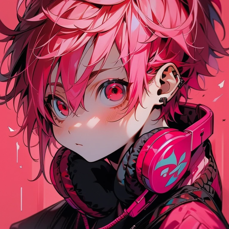 (Two-block hair), (Pink hair), (head phone), (male character), (red eyes)