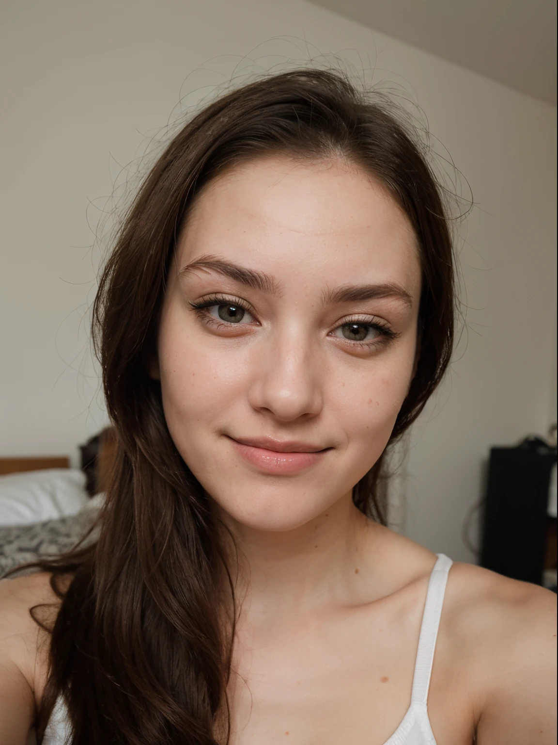 photography of a 20yo woman, perfect face, Samuel clothes, use the same face, masterpiece, same face, selfie style in bed, selfie, bed, very close, smiling