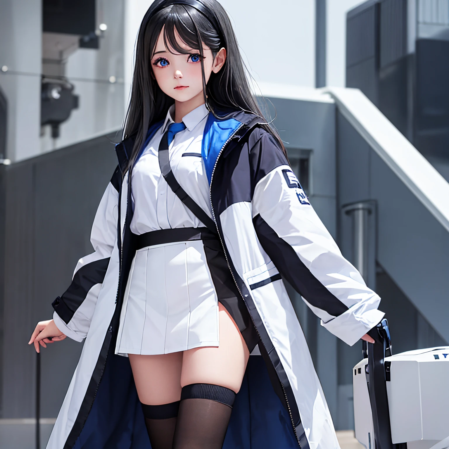 1 girl, solo, Arisu, Blue_Archive, black hair, purple eyes, cold expressio, oversized white shirt, mini skirt, black kneehighs, laboratory in background, neo-futurism