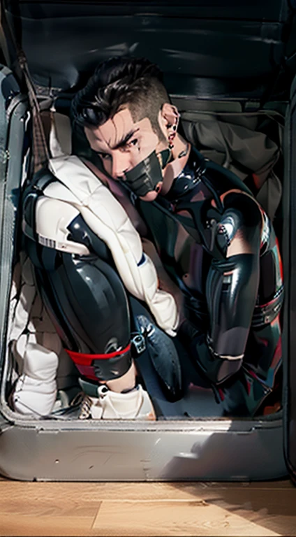 Male in latex bodysuit with tape mouth gag, in fetal position