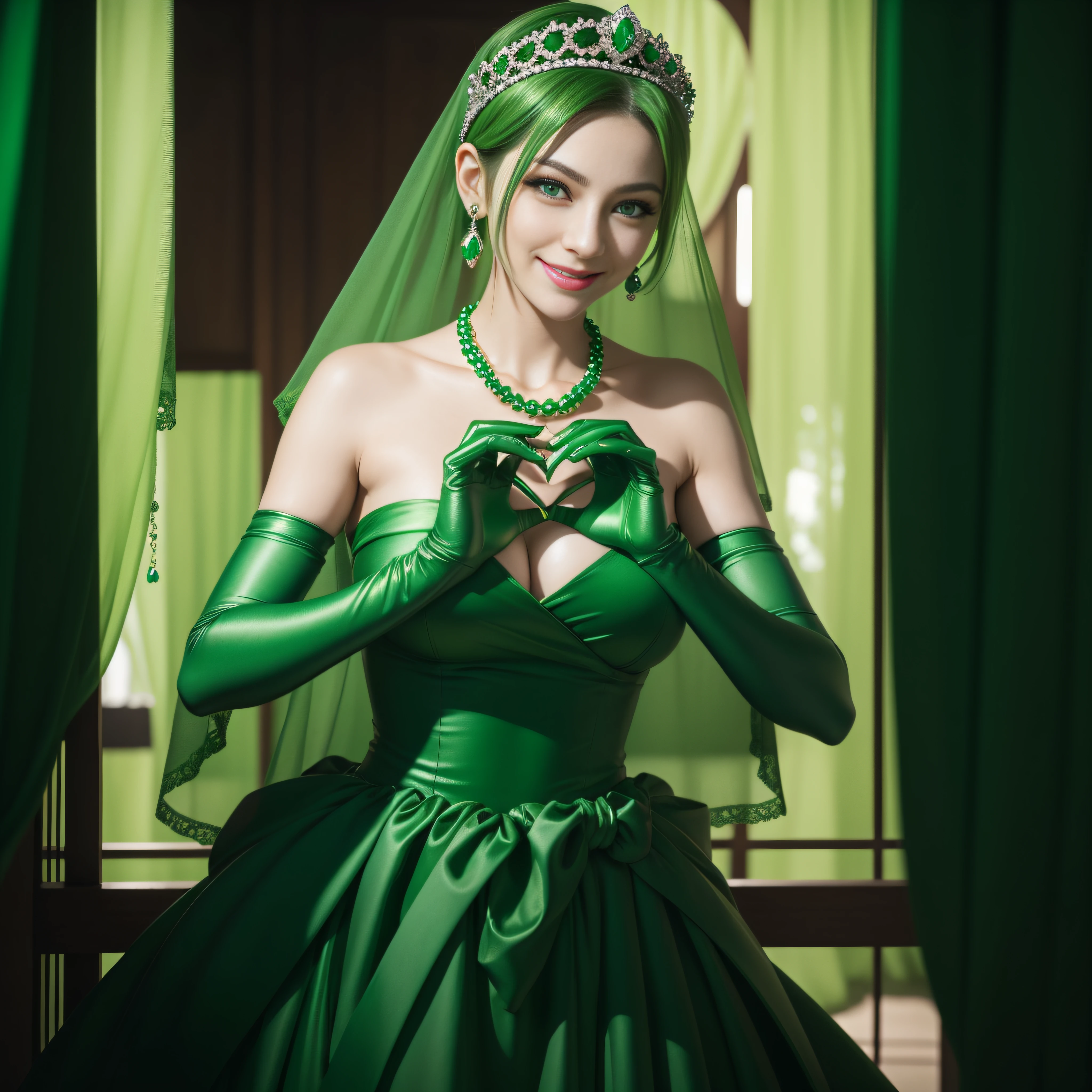 emerald tiara, Green Pearl Necklace, Boyish very short green hair, lipsticks, Japan woman smiling, very short short hair, big breasts beautiful, Green eyes, Long green gloves e of satin material, Green eyes, Emerald Earrings, green vale, Heart with both hands, Green hair