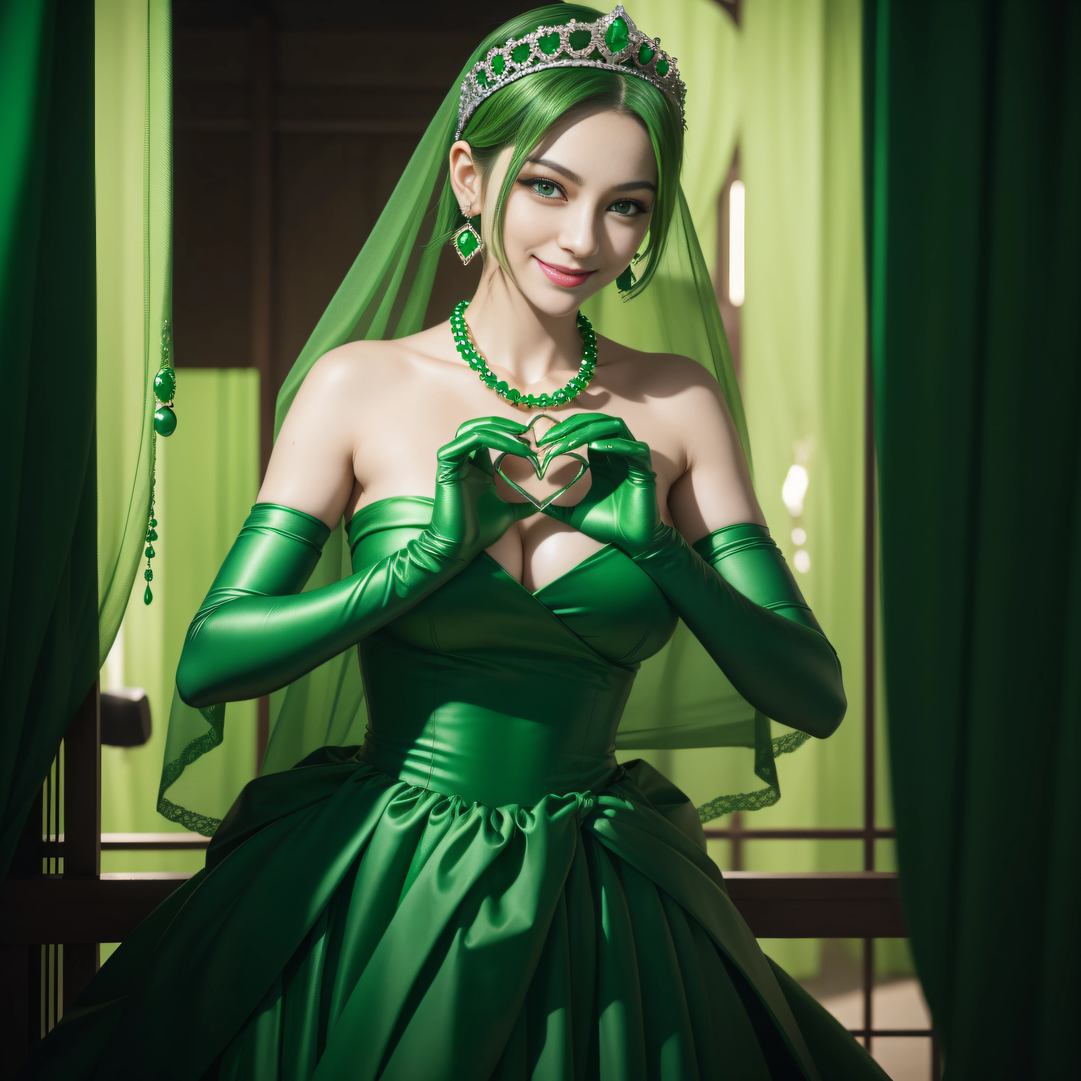 emerald tiara, Green Pearl Necklace, Boyish very short green hair, lipsticks, Japan woman smiling, very short short hair, big breasts beautiful, Green eyes, Long green gloves made of satin material, Green eyes, Emerald Earrings, green vale, Heart with both hands, Green hair