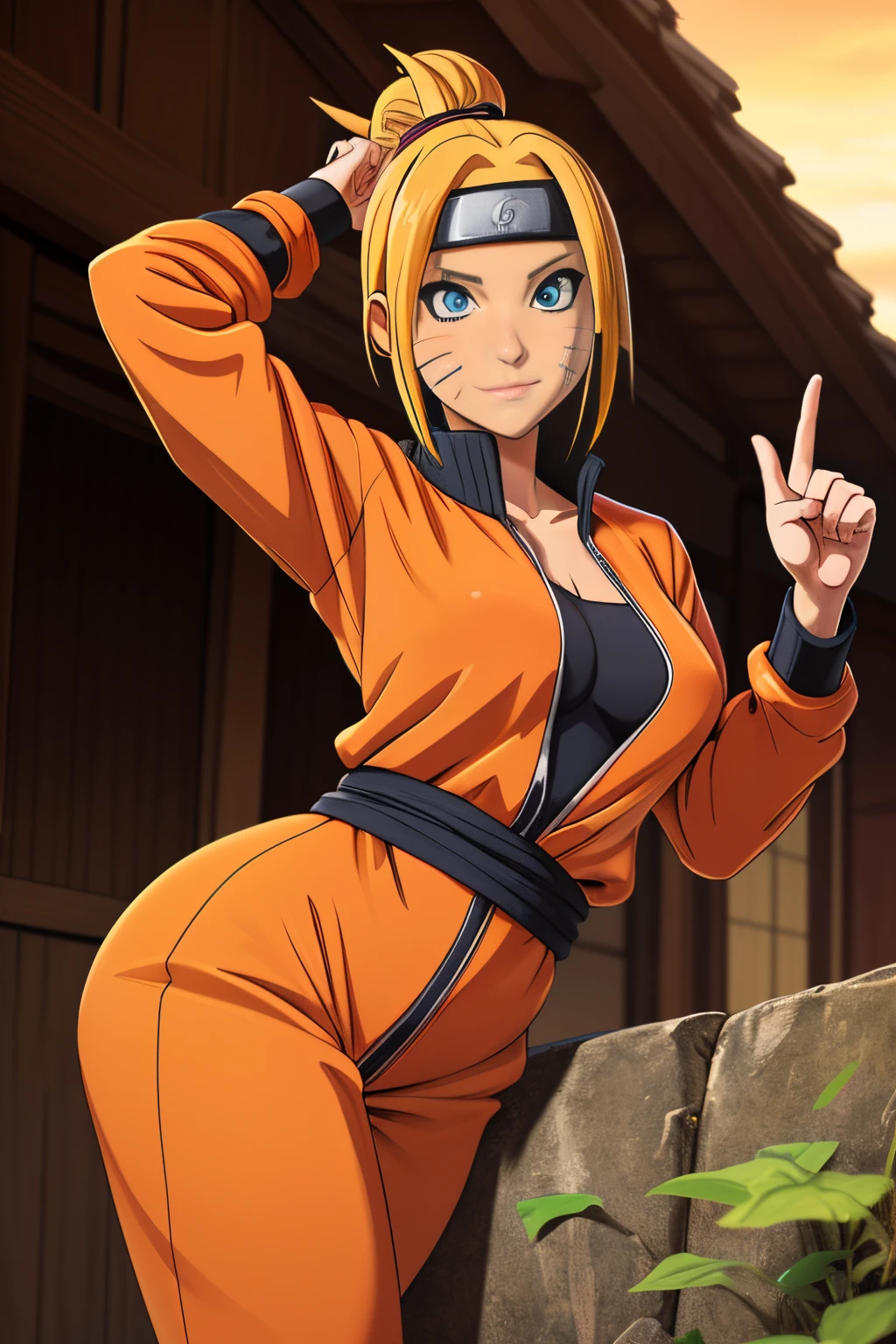 Ninja Girl, ((short Yellow hair)), ((beatiful face)), Charming, sexy facial expression, is looking at the camera, ((Skin color: white)), Body glare, ((Clear eyes)), ((Beautiful Female Eyes)), ((dark blue eyes)), ((Perfect Sexy Figure)), ((Ideal body shapes)) , big thighs, ((Subtle and beautiful)), ((Naruto Uzumaki's orange outfit, sexy cleavage, Konohagakure Headband)), Sexy stance ((close - up)) in full height, background: Konoha, Hidden Leaf Village, 19th century Japanese village, Depth of field, ((ultra quality)), ((tmasterpiece)), ((clear image)), crisp details, Realistic, Professional Photo Session, ((Clear Focus)), the anime, Colorfully drawn, NSFW