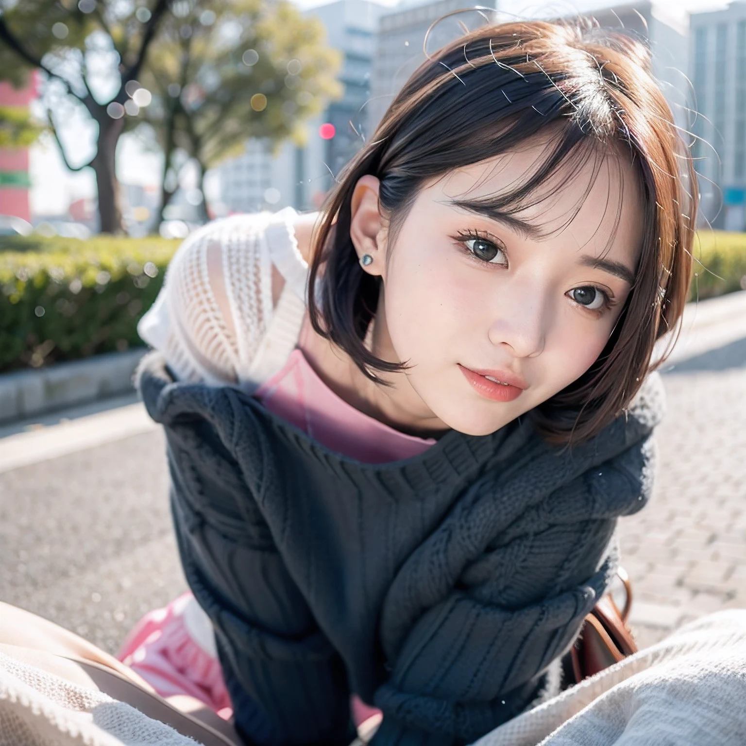 a park、springtime、cherry trees、Black off-shoulder