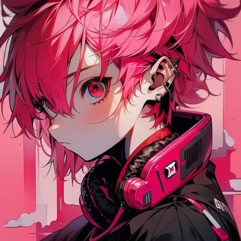 (Two-block hair), (Pink hair), (head phone), (male character), (red eyes), (a cool)
