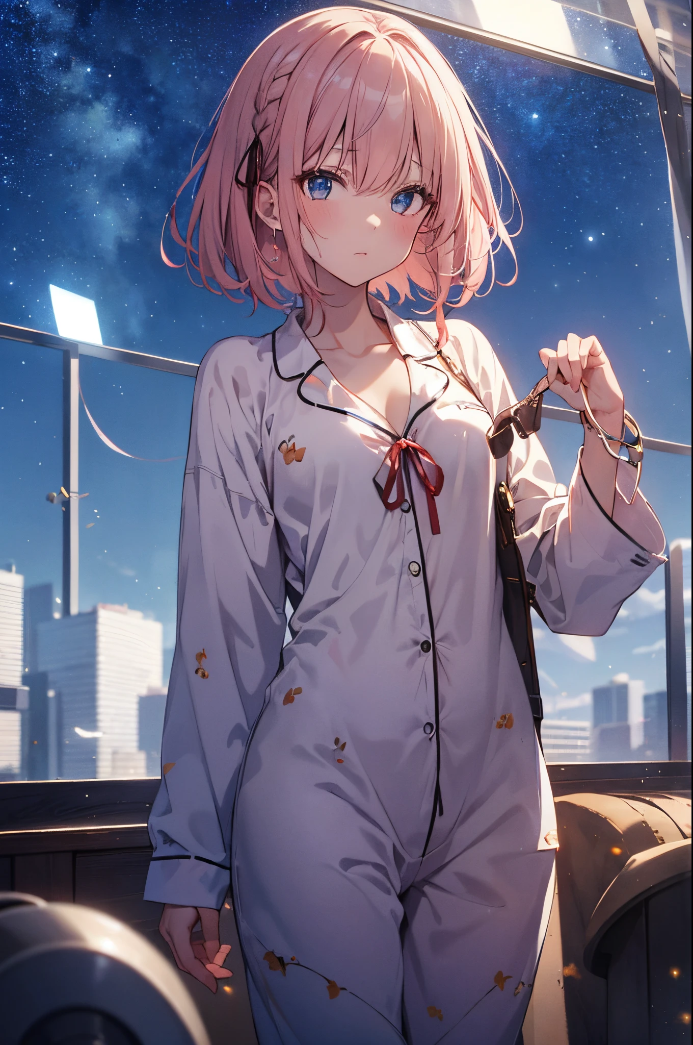 （Girl with a nasty appearance:1.3）、(Daytime:1.5)、(and chest:1.4)、Raw photography, top-quality, hight resolution, (​masterpiece), (Photorealsitic:1.4), (Mole under the eyes),Anime Cosplay, sharp focus, nffsw, 8K resolution, intricate detailes, depth of fields, the Extremely Detailed CG Unity 8K Wallpapers, front lit, femele,25-years old、 Sleepy face,(tying  hair:1.5)、see -through、(Medium pink hair)、blue eyess,(Starry sky:1.5)、(s Pajamas:1.3)、(Full body depiction)