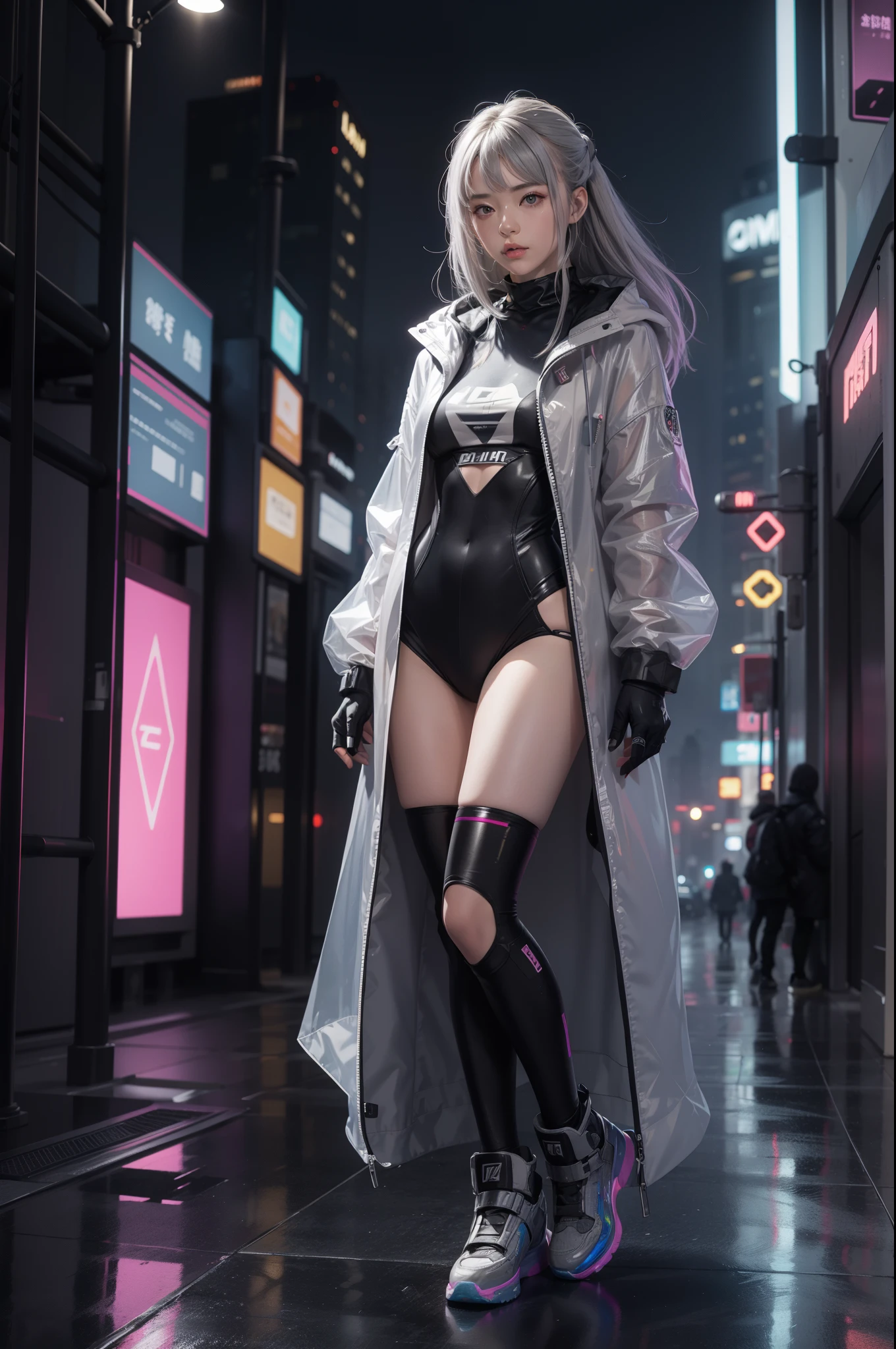 one-girl.Long gray hair,see-through raincoat,Laser set,Hologram effect,vibrant with colors,Cyberpunk Mechanical City,Scenes,dream,neonlight,style derived from《Blade Runner 2049》,Soft rubber,Dream fog,电影灯光,Natural soft light,depth field effect,c4d,Blander,3D,2.5 days,high detal,high high quality,A high resolution,k hd,8k--ar+3:4--niji5SD large model