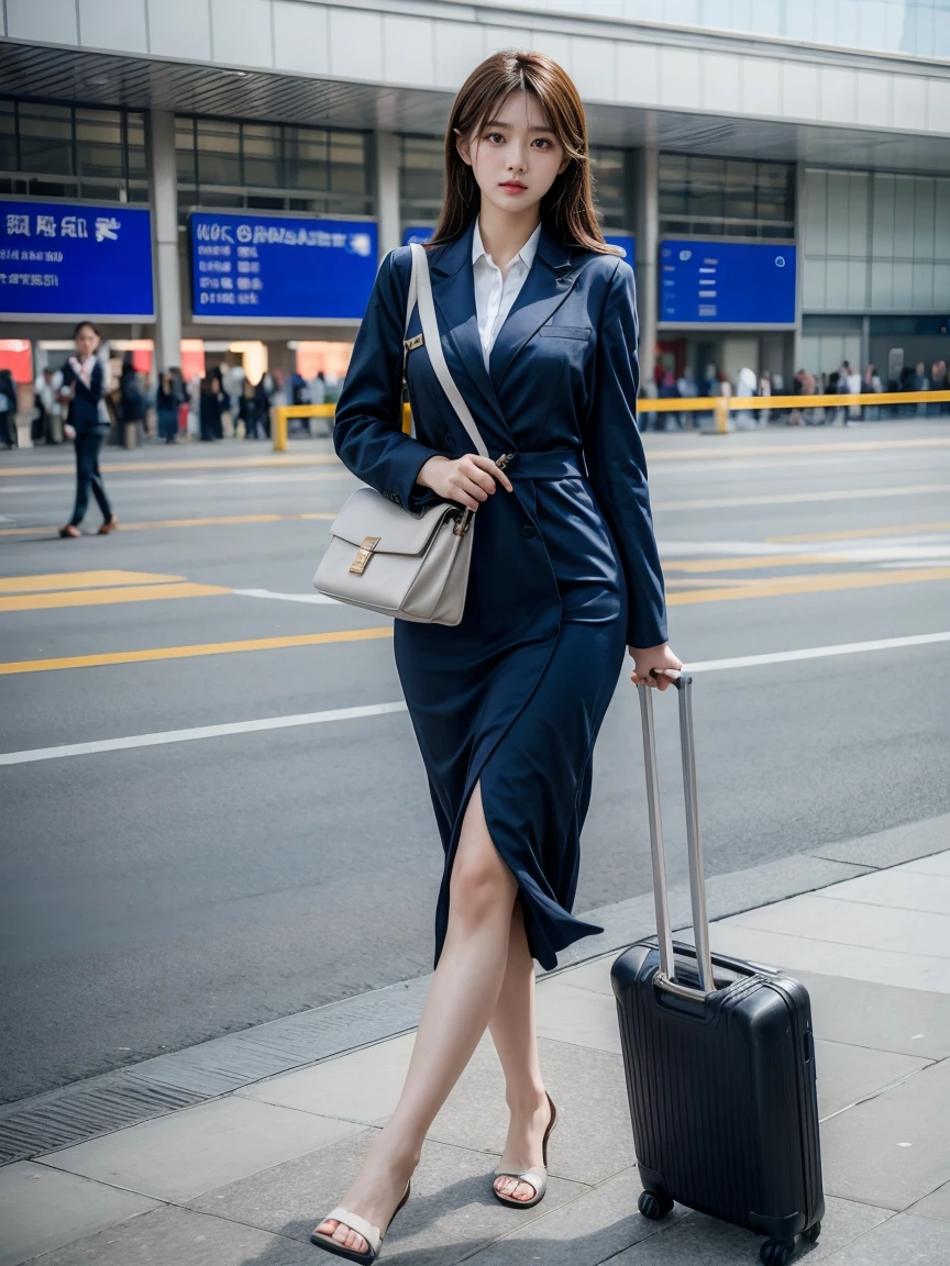 Masterpiece, best quality,1girl,on airport, full body, walking, looking at viewer,air hostess dress,thick body, suitcase,16k,best quality, Highly detailed, surface scattering, background filled with crowd